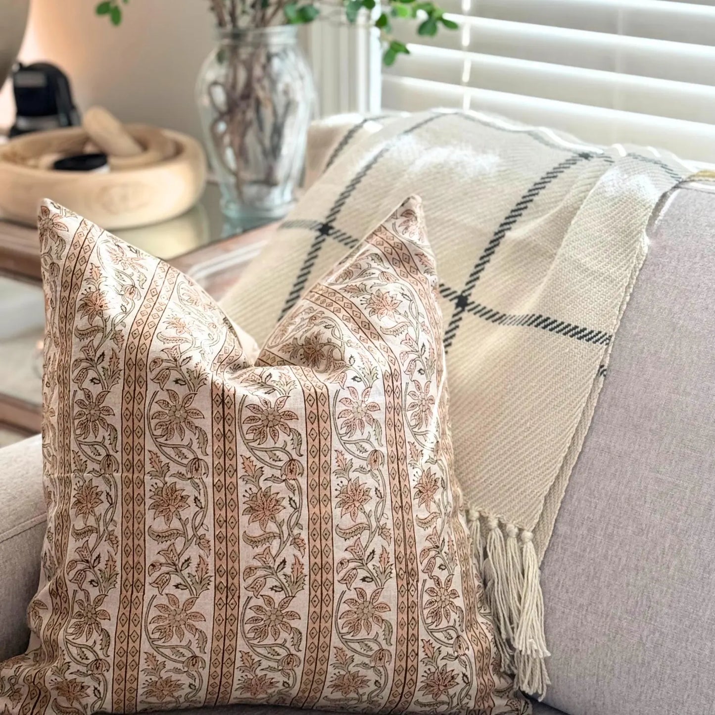 Linen Floral Hand Block Print Linen Pillow Cover, Farmhouse Decor