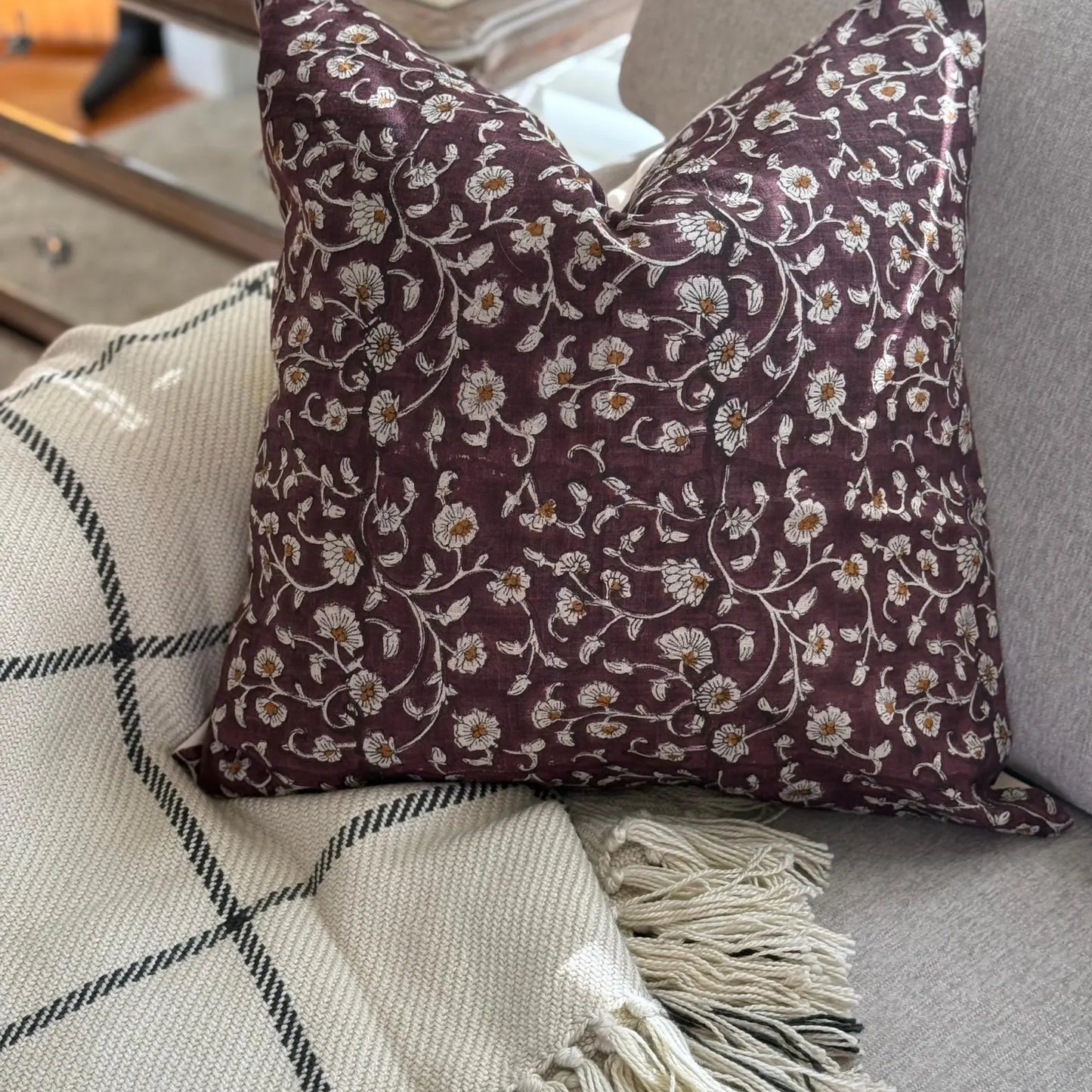 Linen Floral Block Print Cotton Pillow Cover, Farmhouse Decor