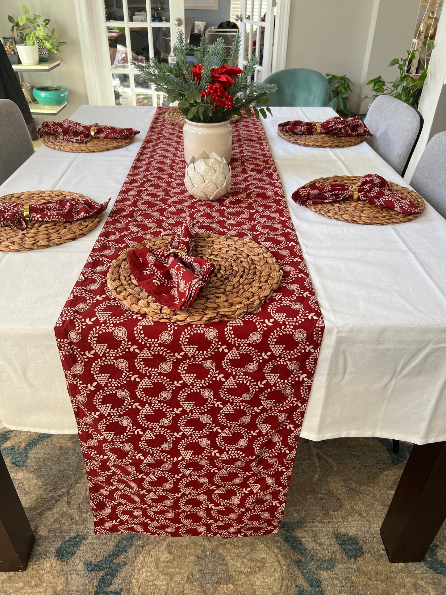 Red cotton wreath table runner, Christmas table scape