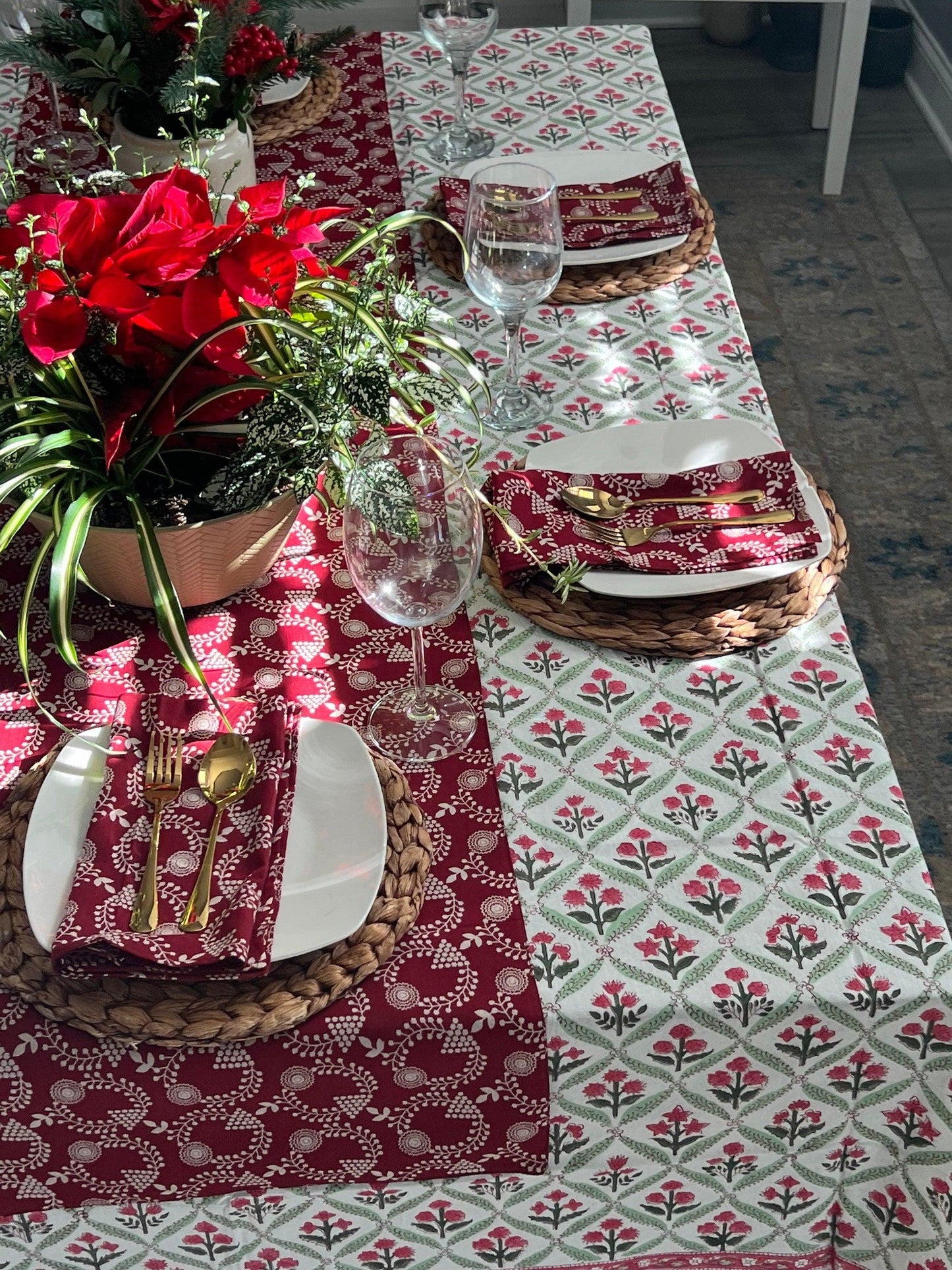 Holly And Berry Christmas Rectangle tablecloth, Holiday table Scape, Holiday Decor gift