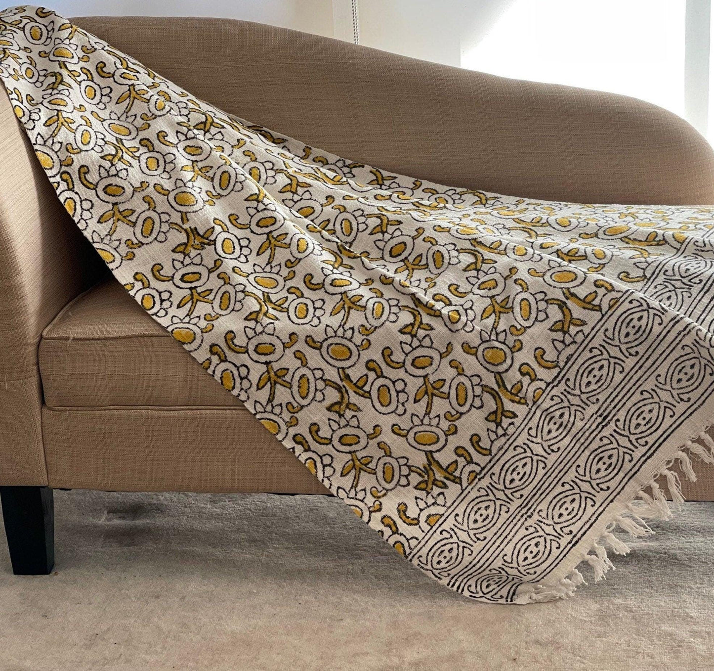 Hand Block Print Cotton Throw Blanket with Tassels
