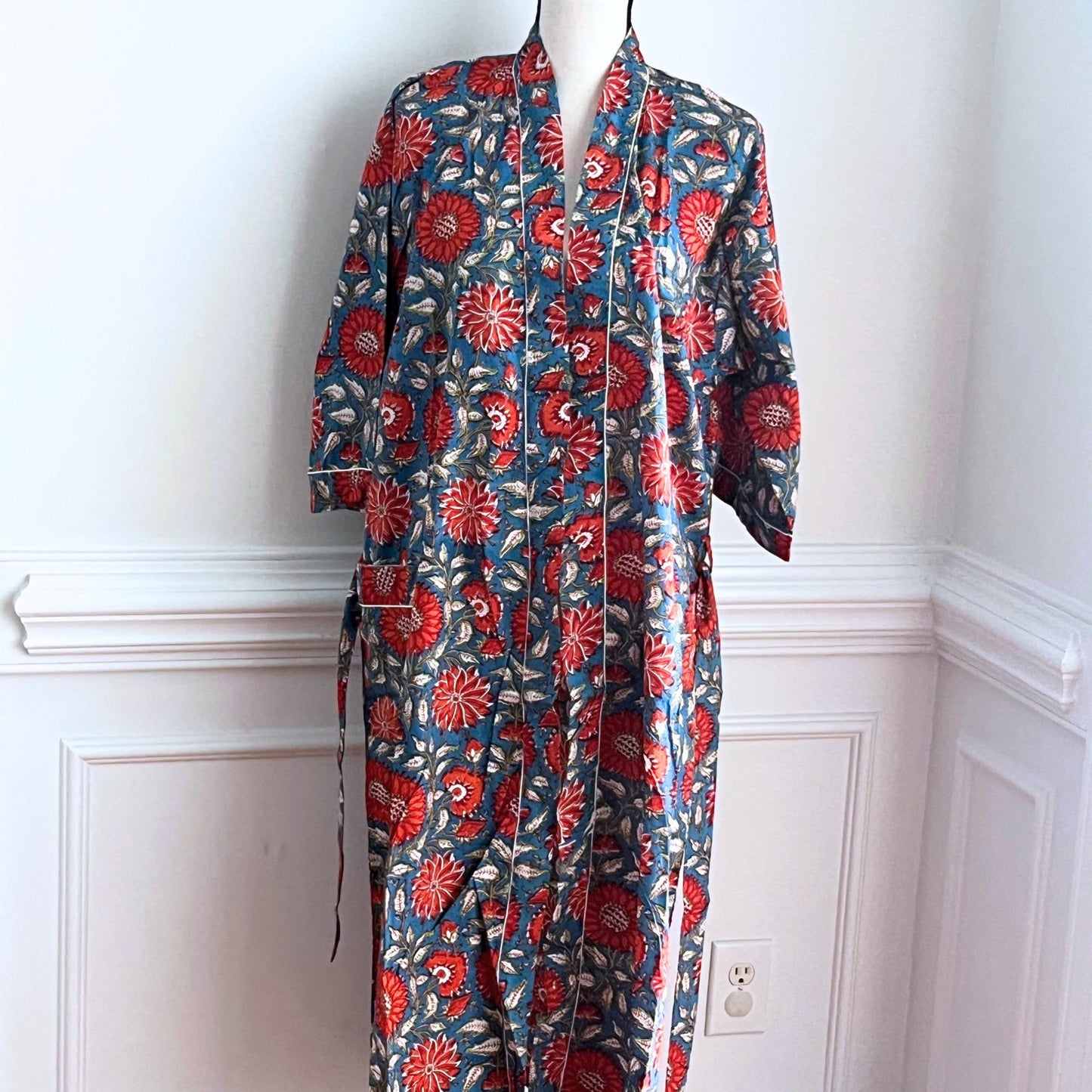 Red Cotton Robe Hand Block Print Beach Coverup
