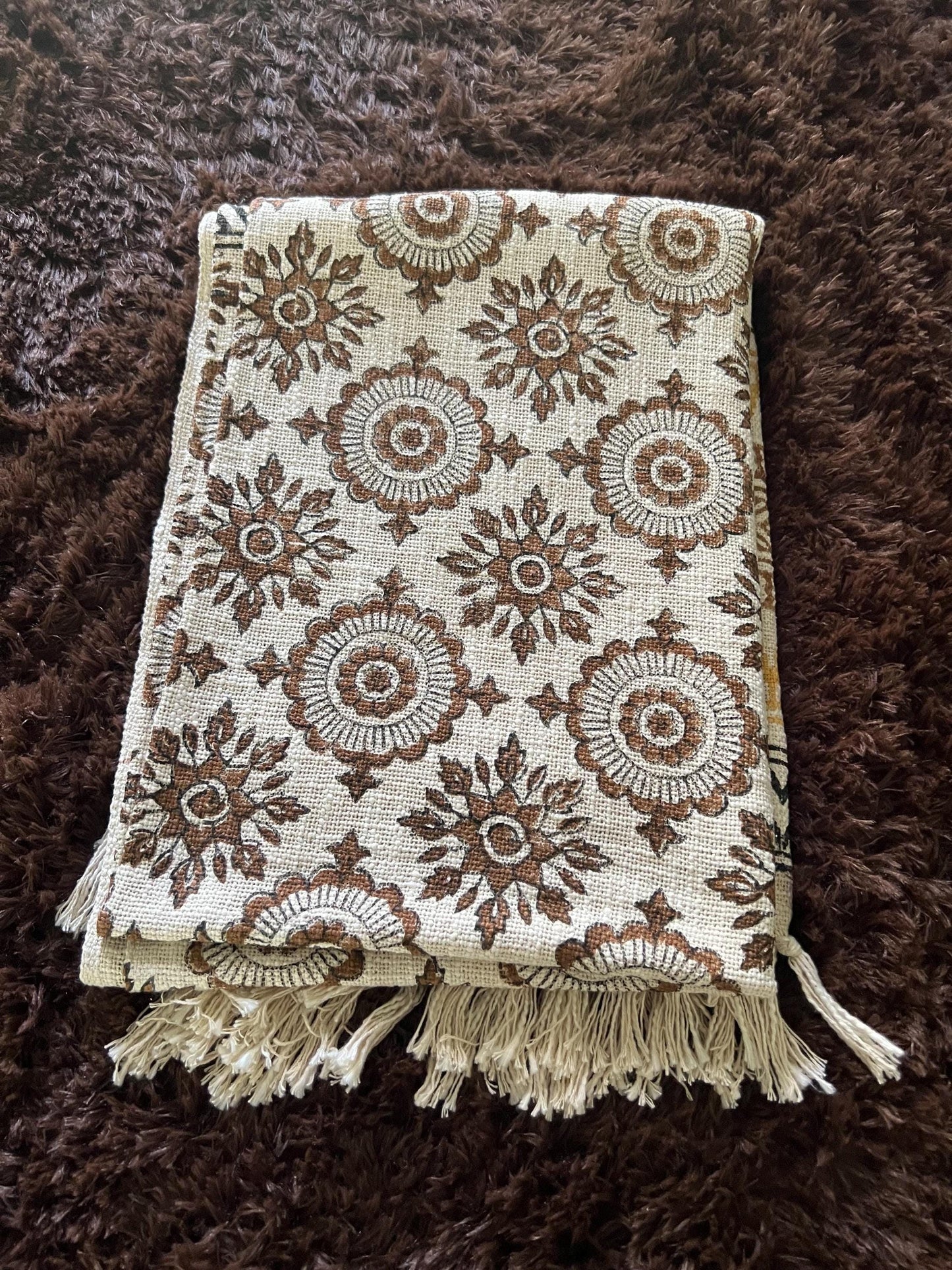 Handmade Floral Block Print Throw Blanket: Boho Tassel Cotton Sofa Decor