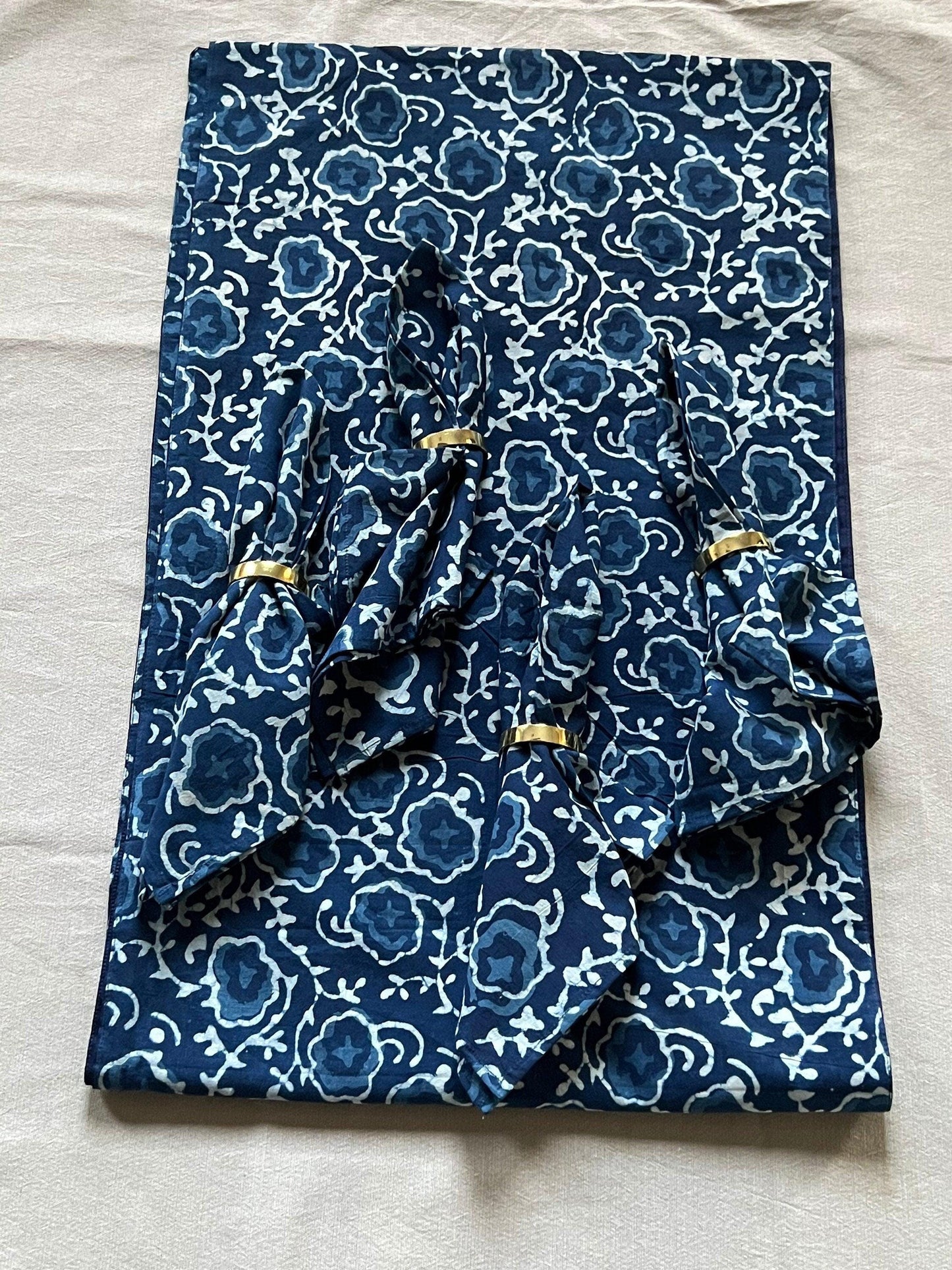 Indigo Blue Floral Table Runner: Hand Block Print Cotton Tablecloth