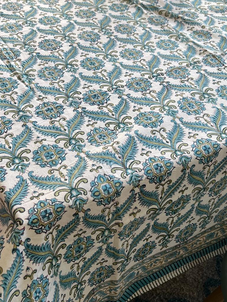 Blue Floral Hand Block Printed Cotton Tablecloth: Indian Decor