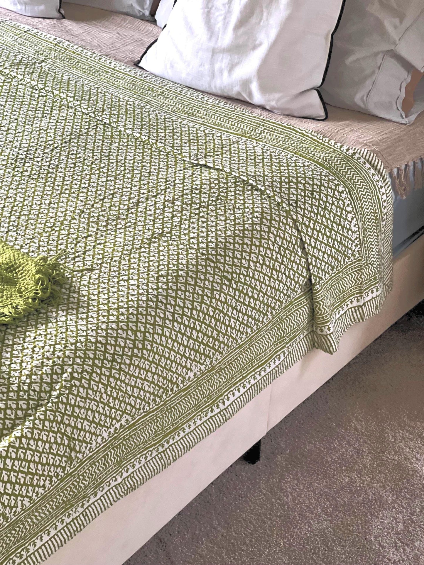 King Size Kantha Quilt, Reversible Cotton Bedcover, Block Print Floral