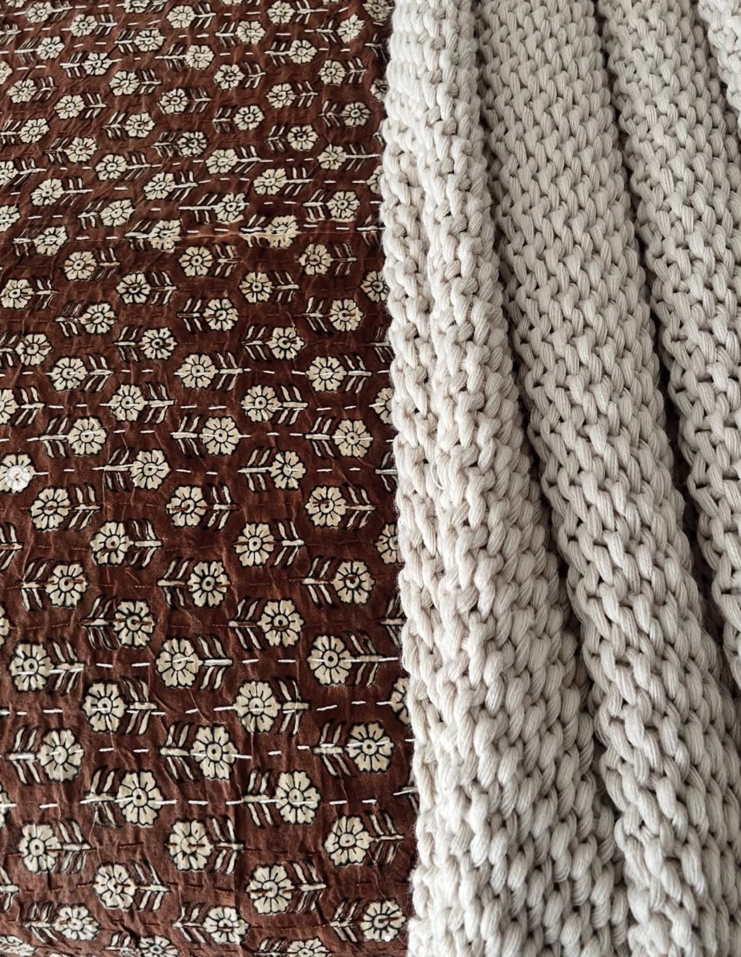 Dark Brown Floral Kantha Quilt Throw Blanket Available in King and Queen Size - Block Print Bedspread Boho Bedding Best Housewarming Gift