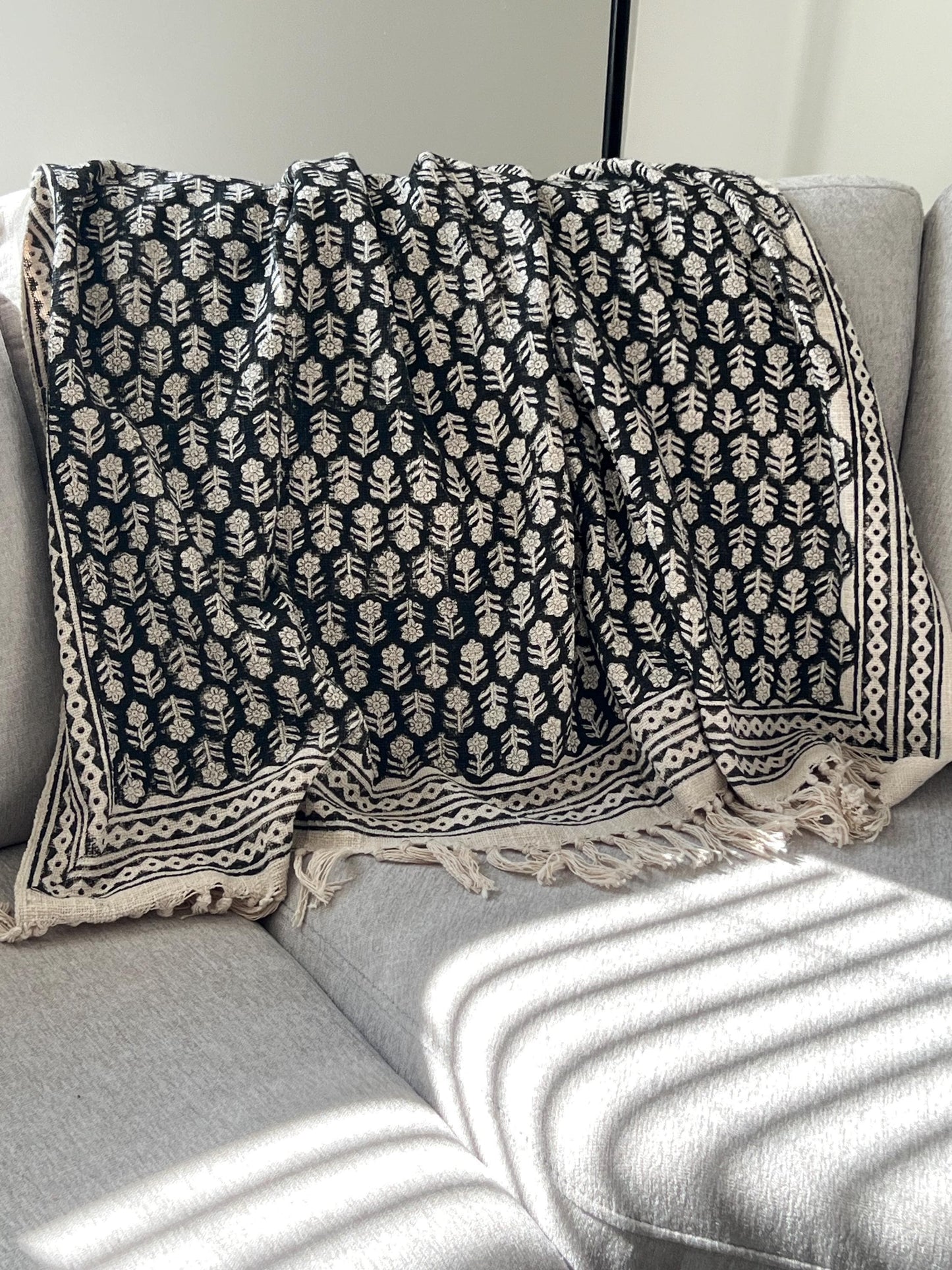 Black Hand Block Print Cotton Throw Blanket: Boho Floral Tassels Boho Blanket for Home Decor