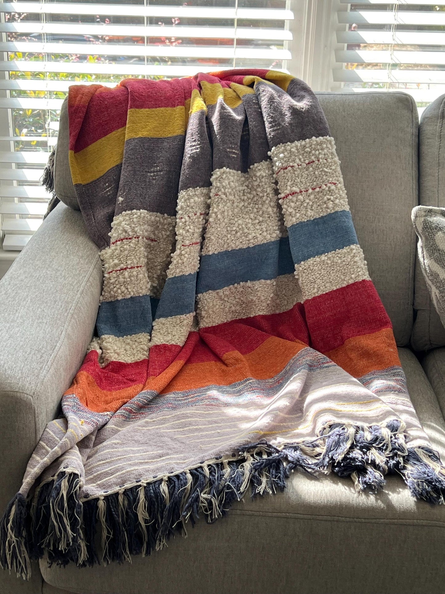 Handmade Boho Throw Blanket with Fringe, Colorful Cotton Sofa Decor (52" x 70")