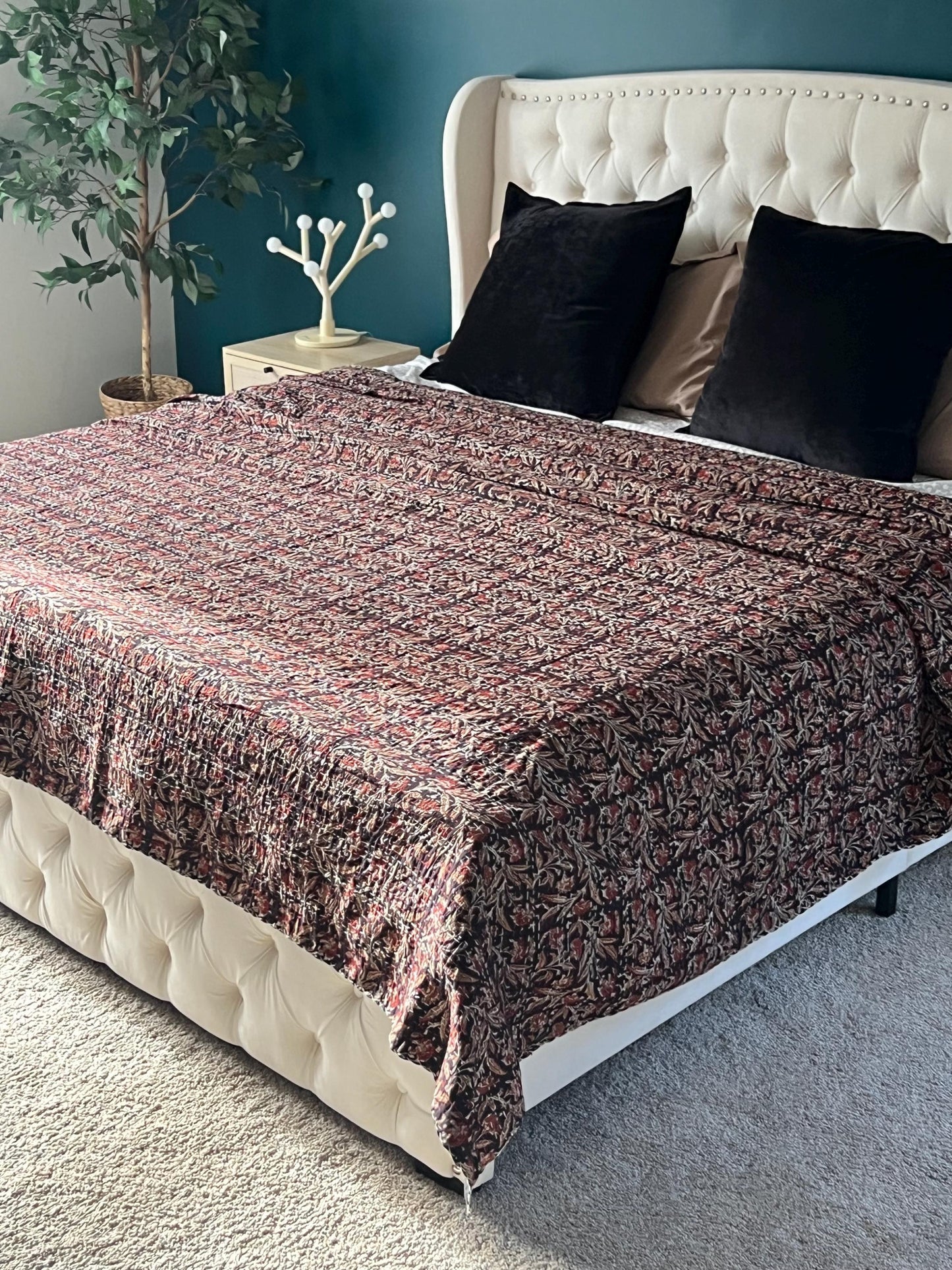Burgundy Floral Kantha Quilt: Indian-Inspired Cotton Bedding