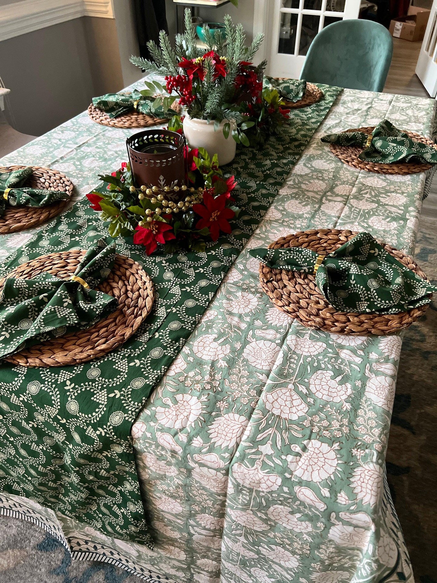 Sage Green Floral Block Print Tablecloth: Cotton Christmas Table Decor