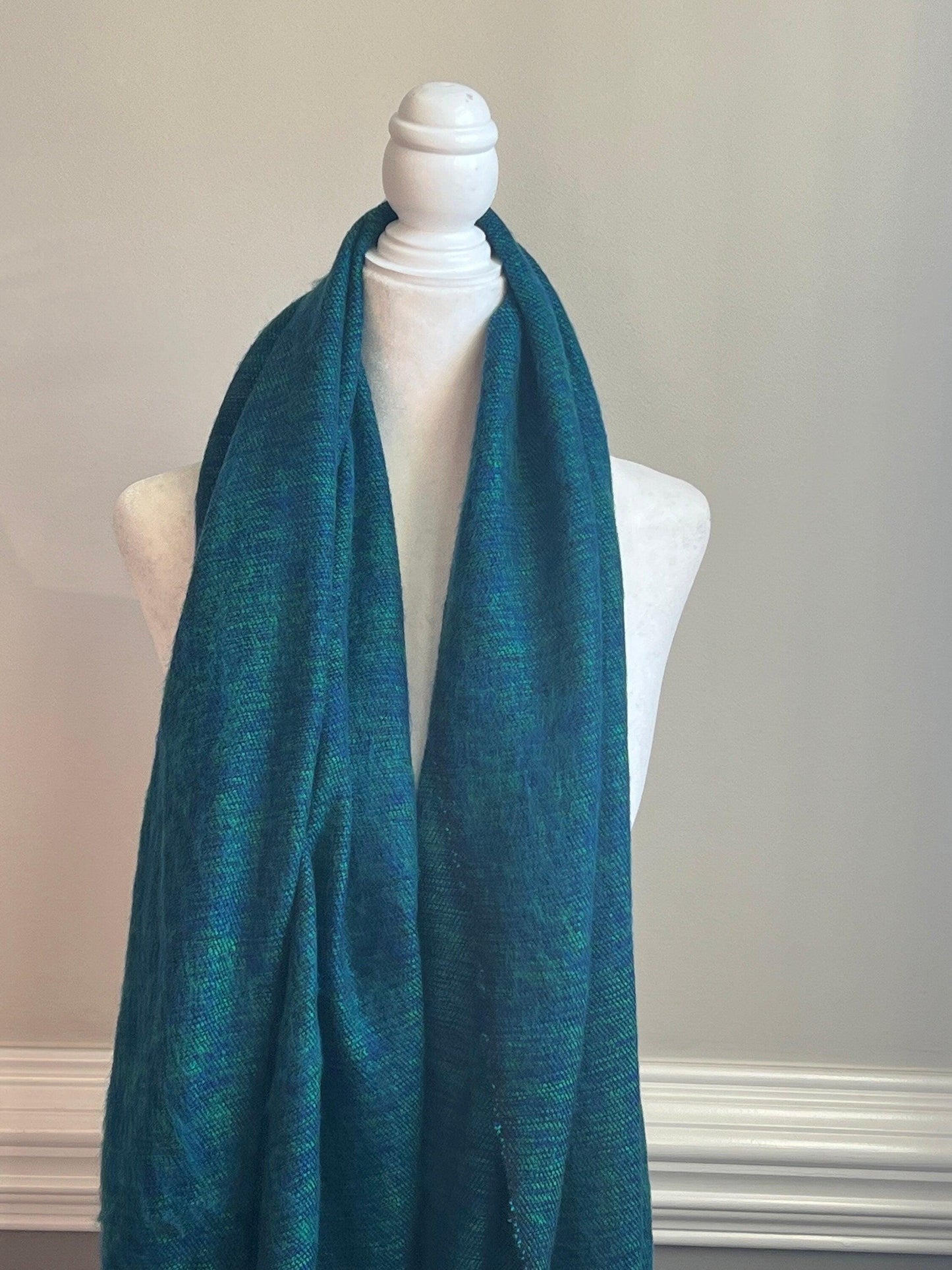 Handmade Yak Wool Scarf: Green Turquoise Blue, Soft Himalayan Shawl