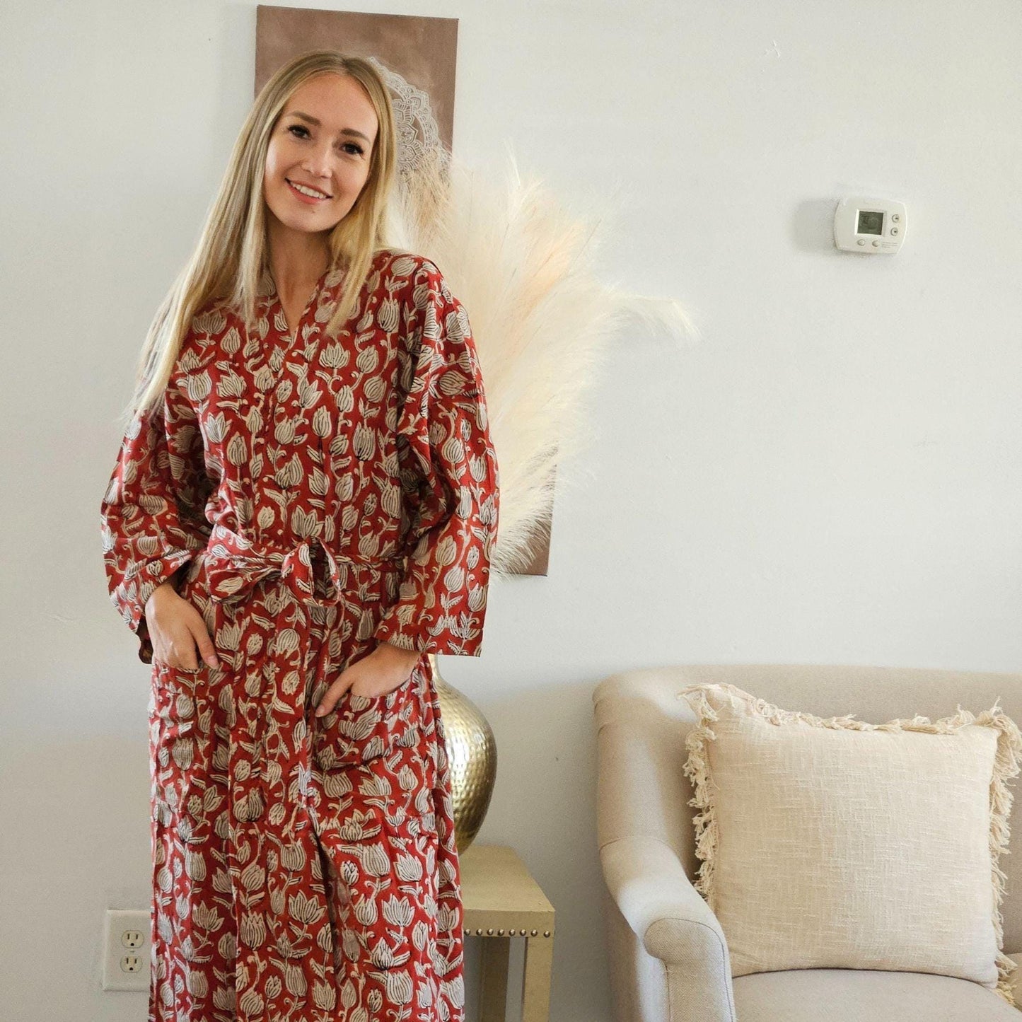 Cotton Kimono Robe, Block Print Floral Dressing Gown, Boho Lightweight Robe