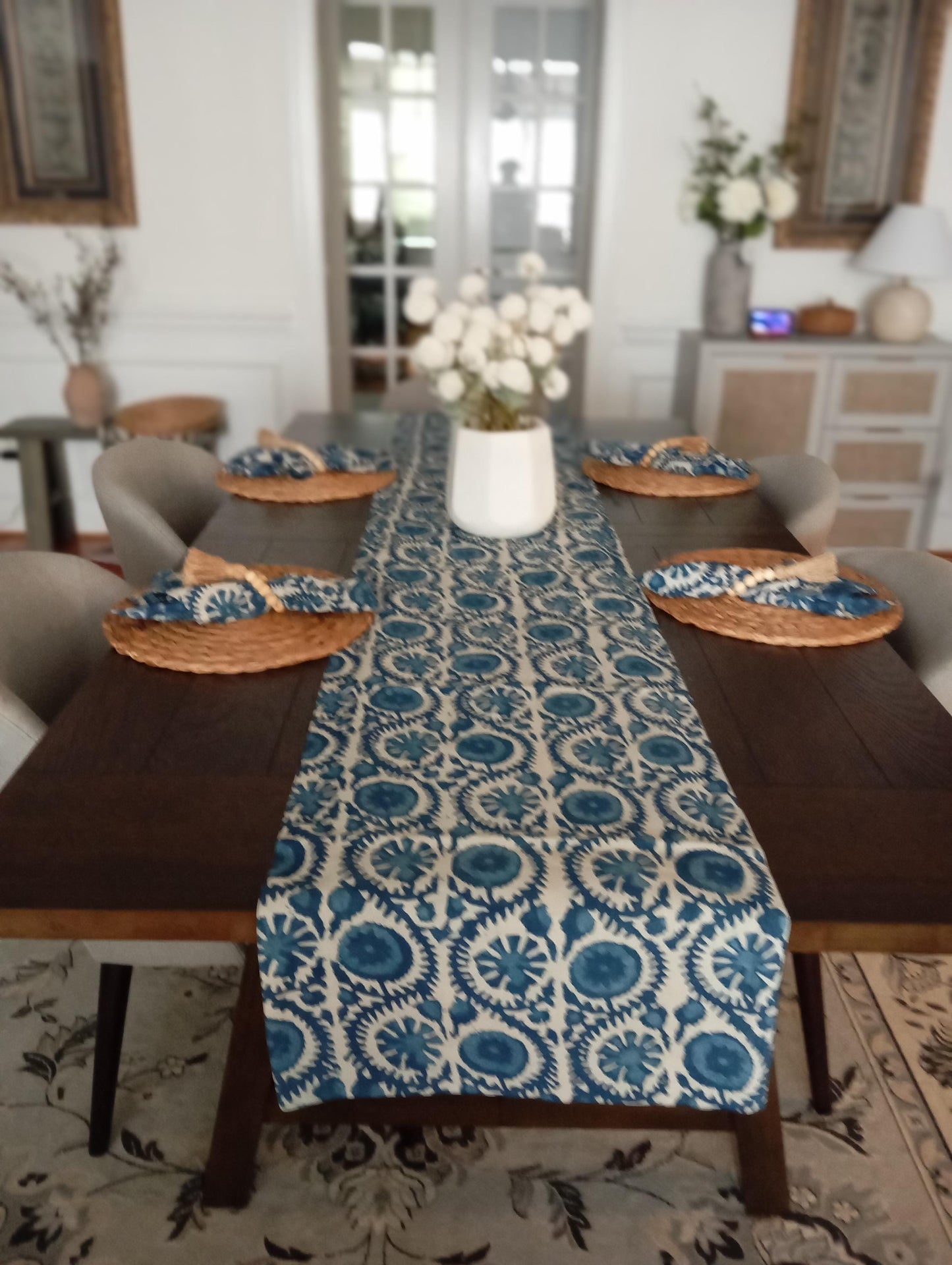 Indigo Floral Hand Block Print Table Runner Set: Farmhouse Decor