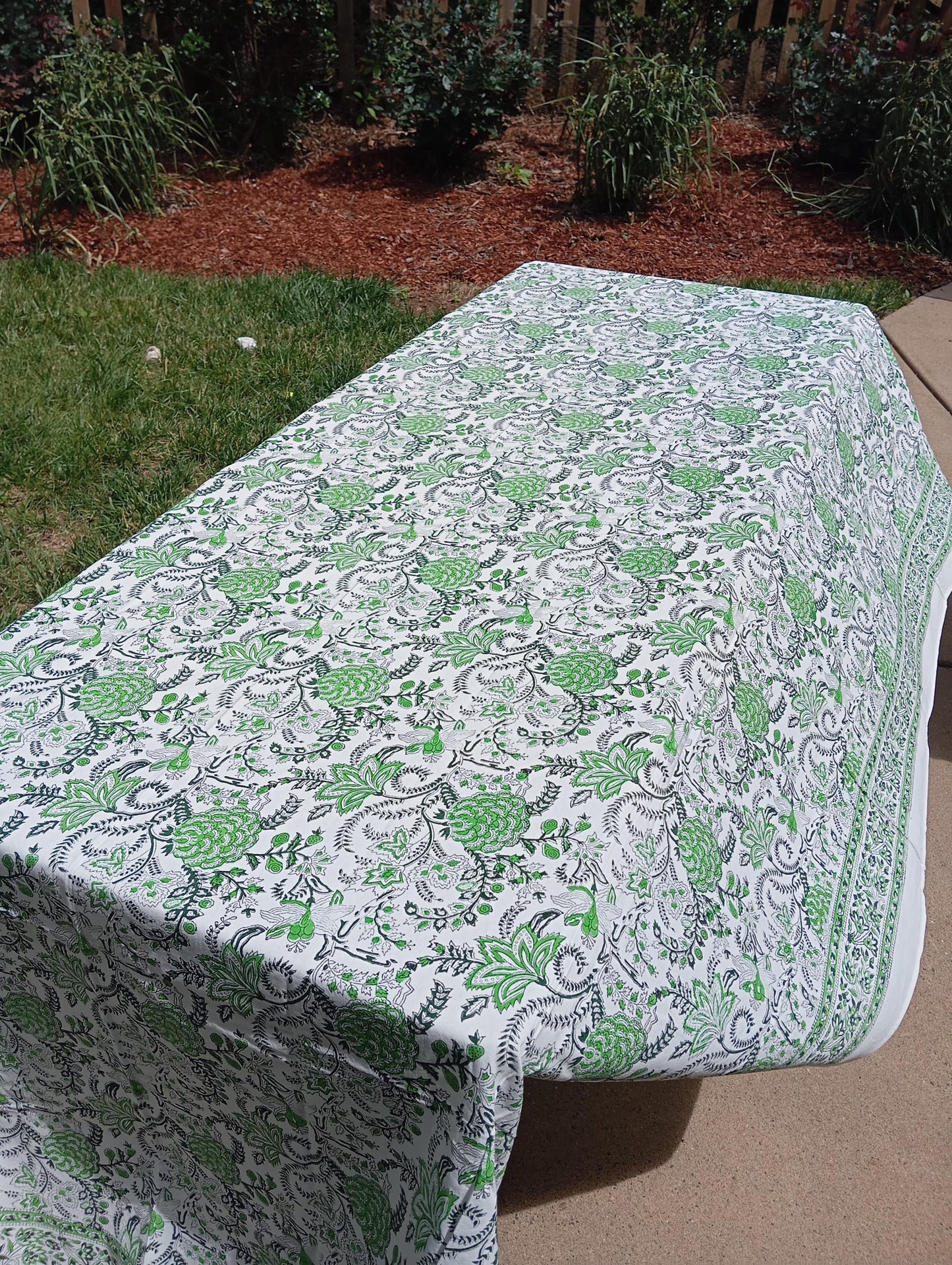 Sage Green Floral Tablecloth, Cotton Block Print, Easter Table Decor (60x120")