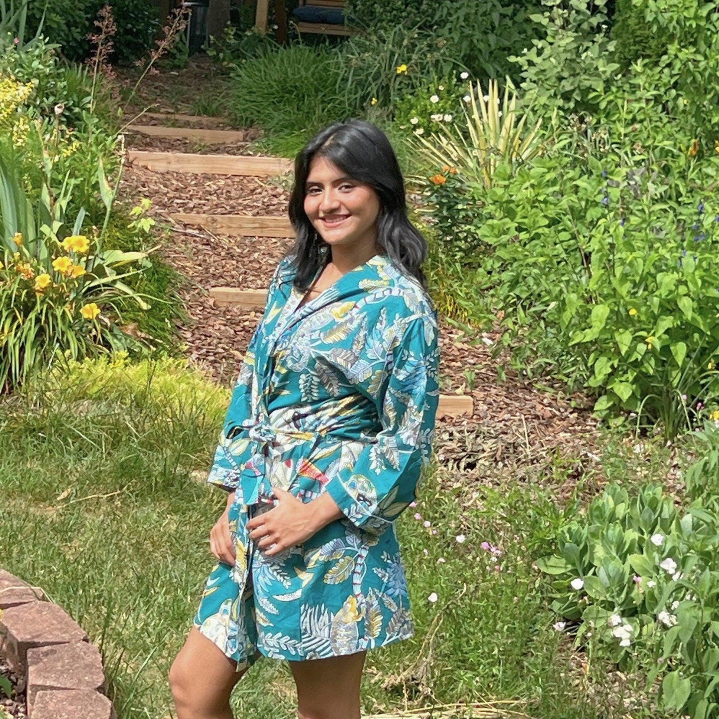 Indian Block Print Cotton Robe: Short Kimono Style Beach Cover-Up