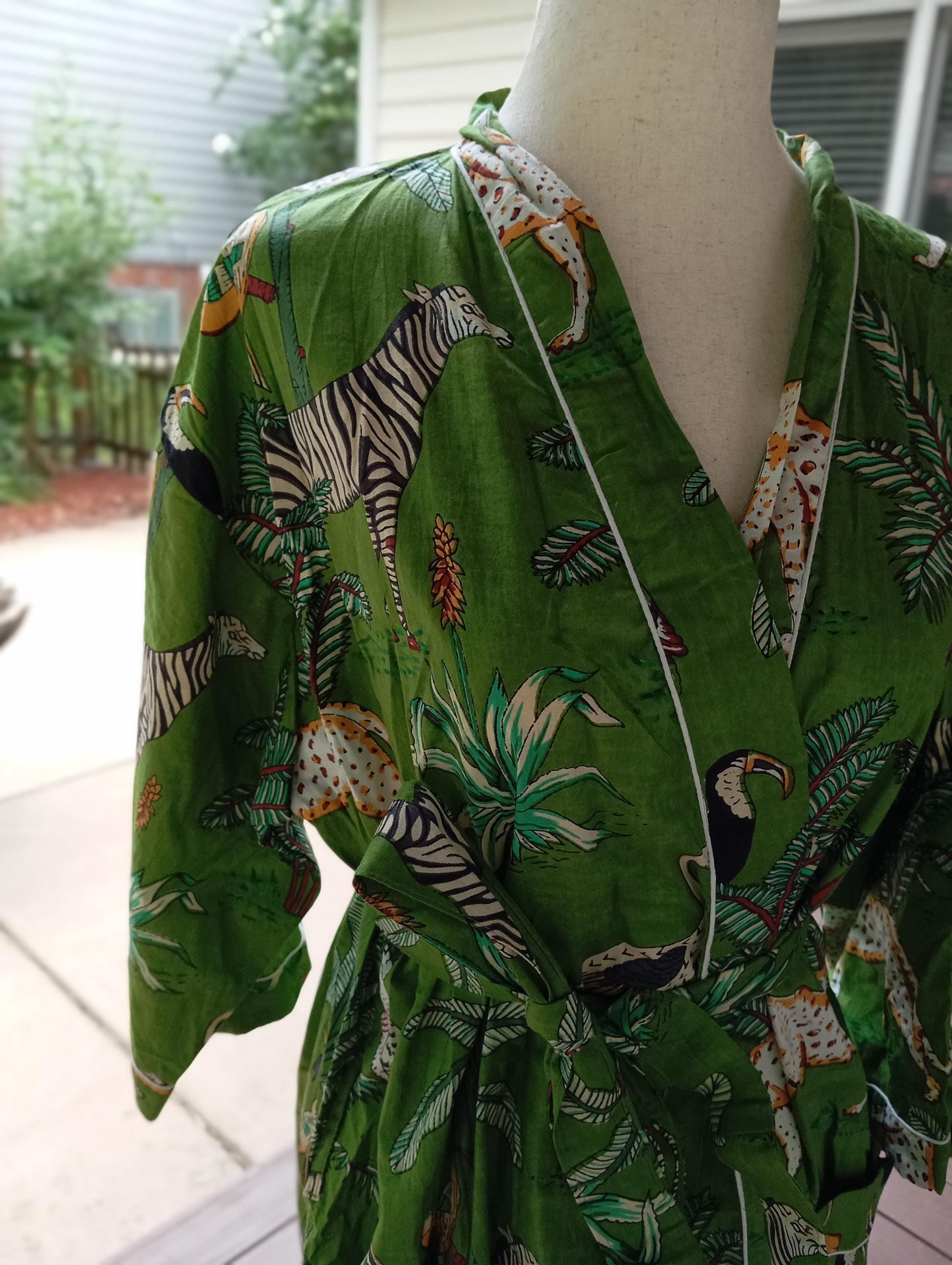 Tiger Pint Cotton Kimono Robe: Block Print Loungewear - Ankle Length