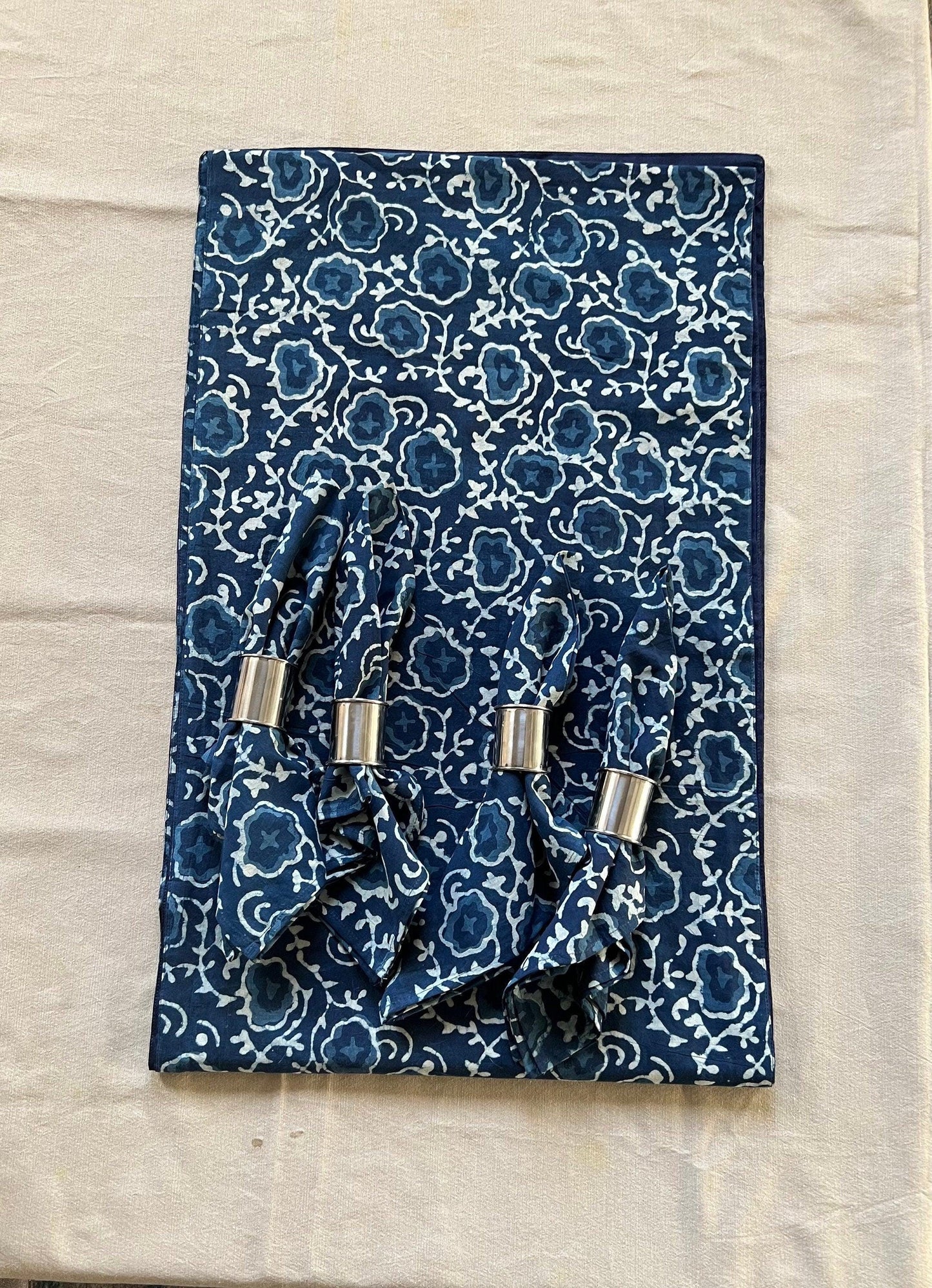 Handmade Indigo Floral Table Runner & Napkins: Block Print Cotton Dining Decor