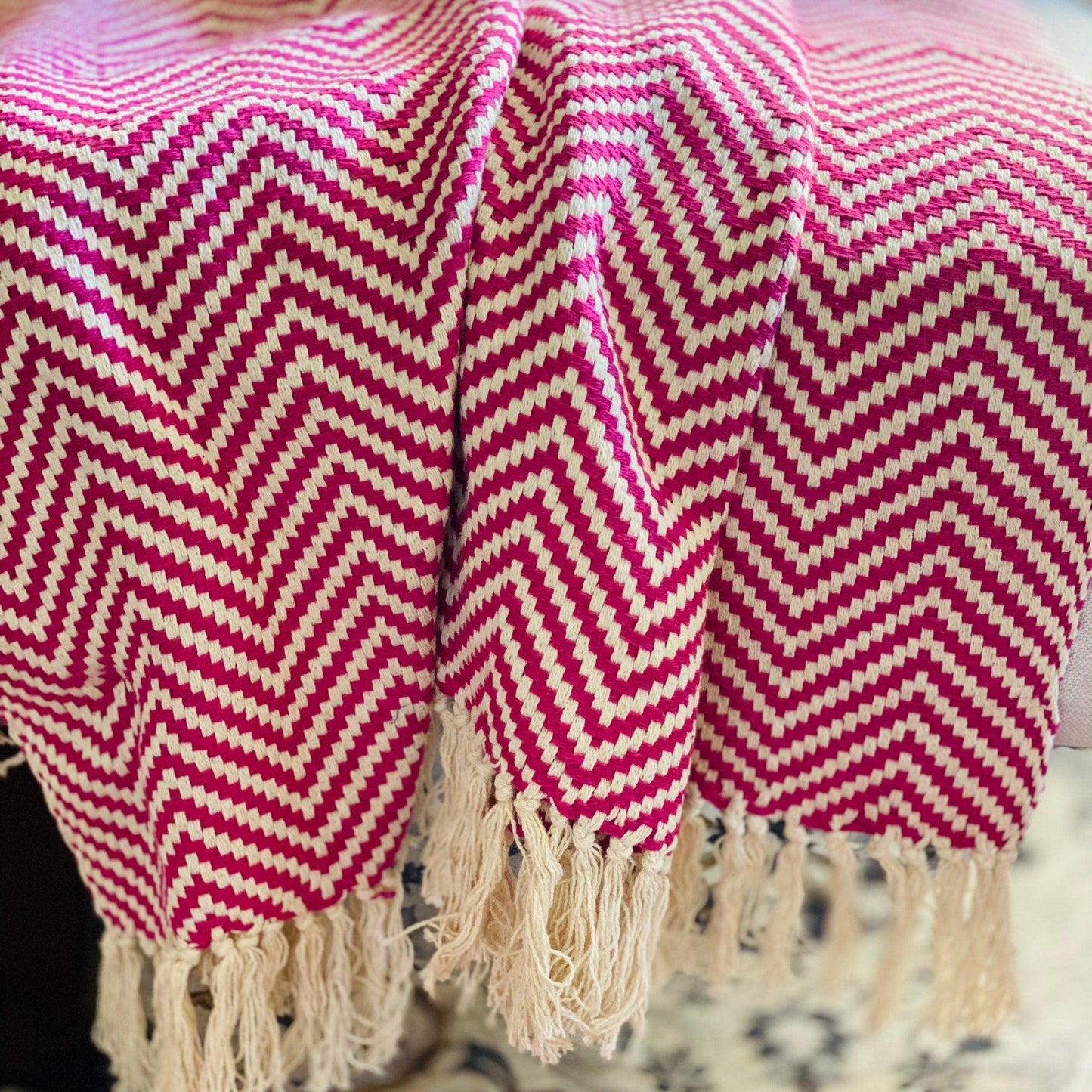 Pink Chevron Cotton Throw Blanket with Tassels