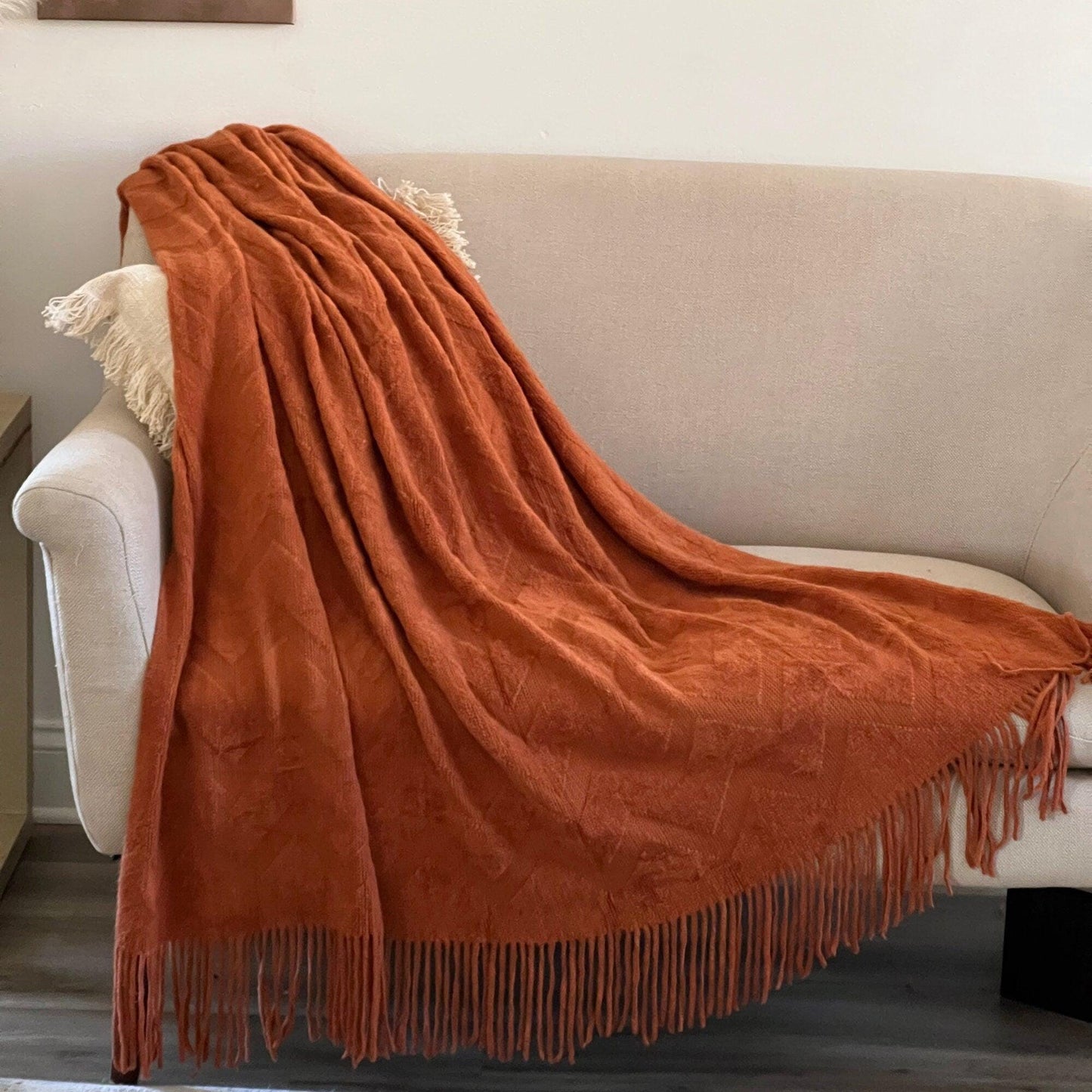 Rust Knitted Throw Blanket: Soft Chevron Pattern, Boho Home Decor