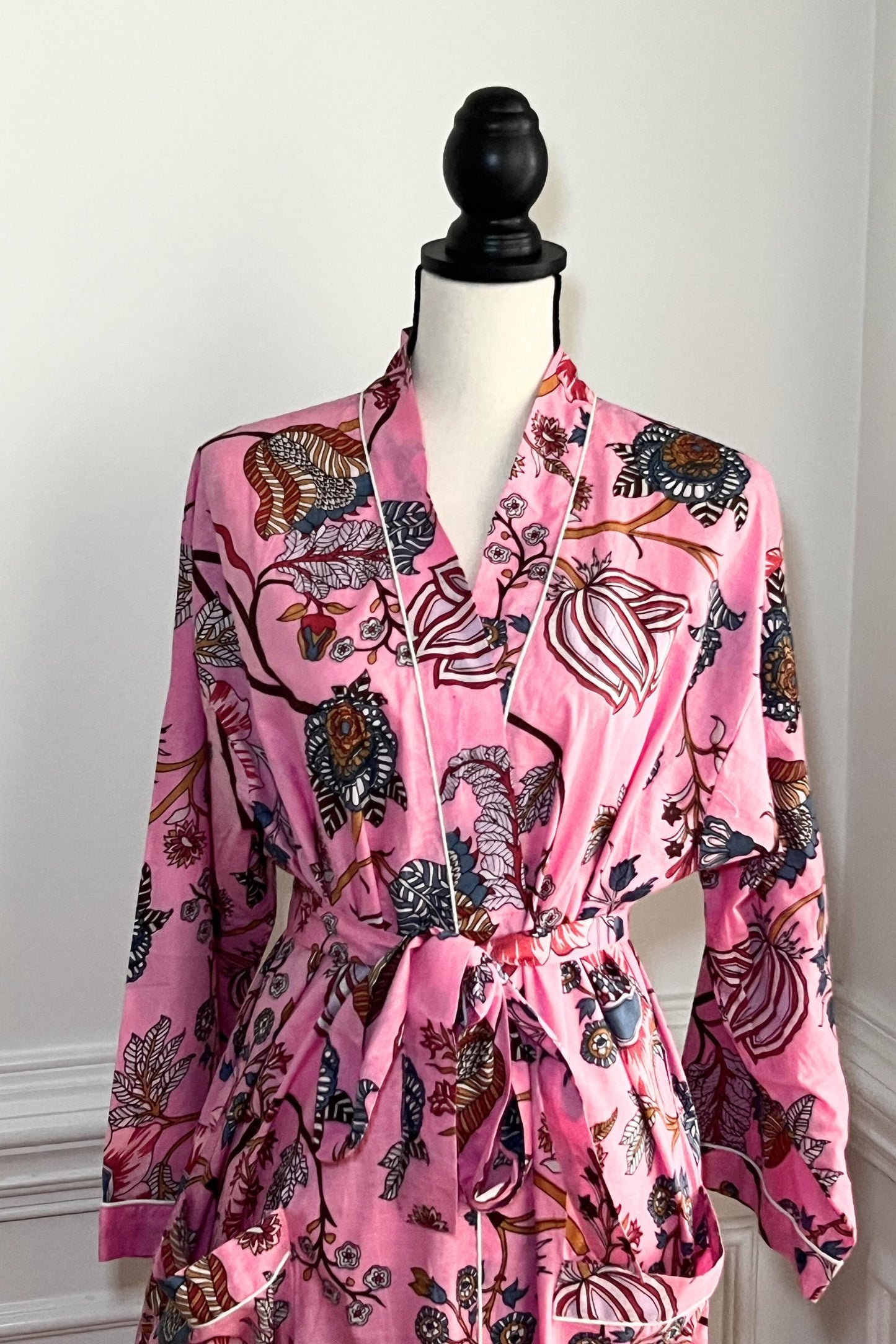 Blue Floral Hand Block Print Cotton Kimono Robe For Her