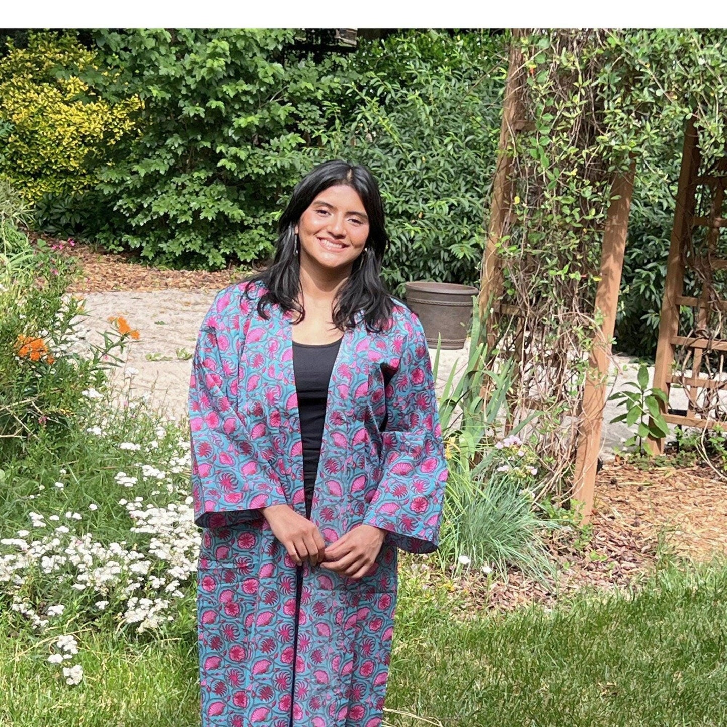 Black Floral Cotton Kimono Robe: Lightweight Beach Cover-Up