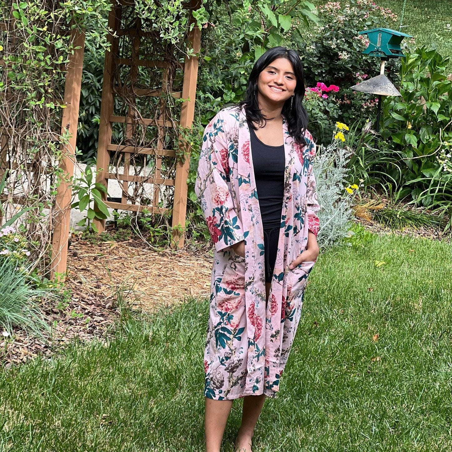 Black Floral Cotton Kimono Robe: Lightweight Summer Beach Coverup