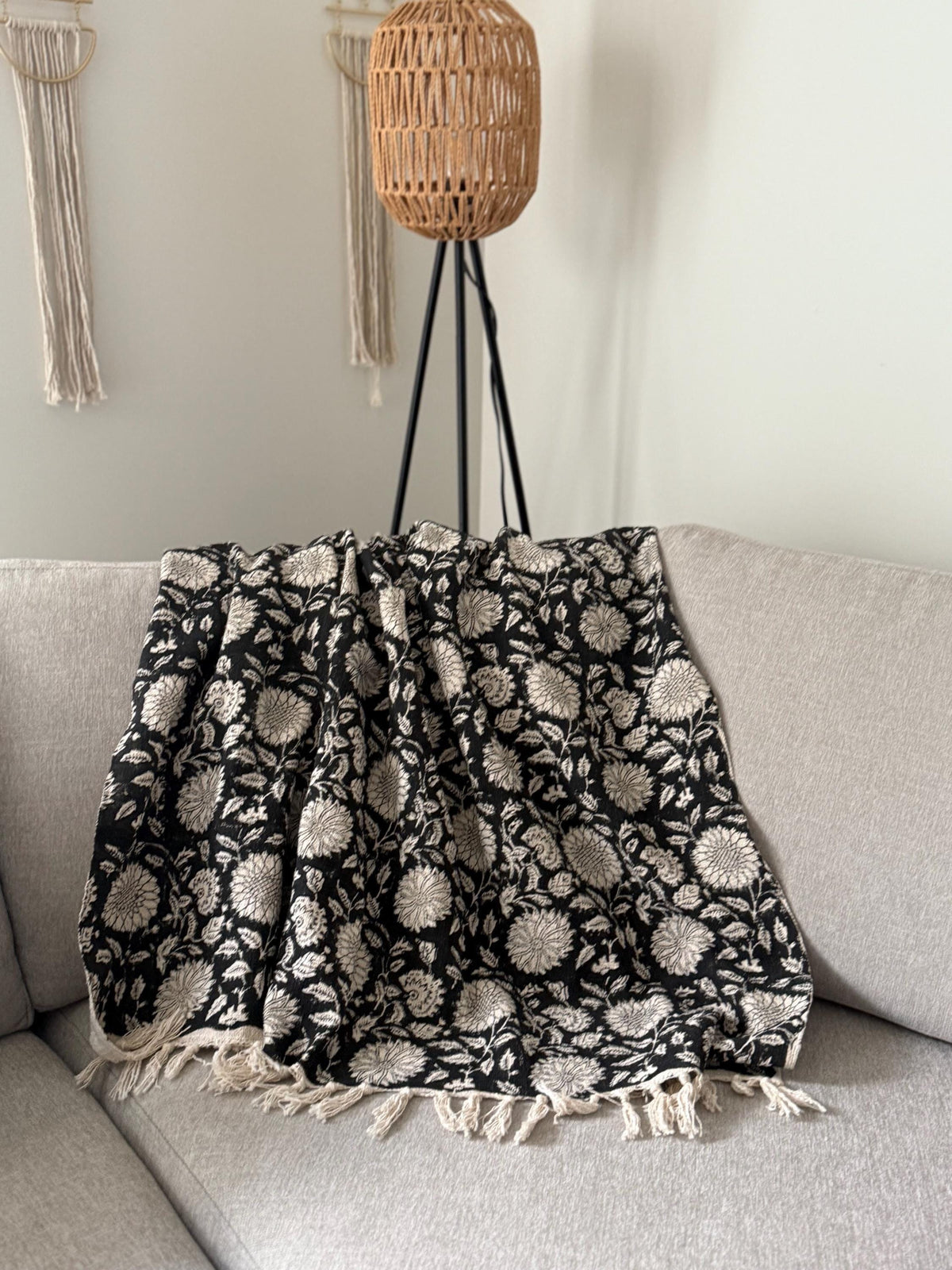 Handmade Block Print Floral Throw Blanket: Cotton Woven Blanket with Tassels