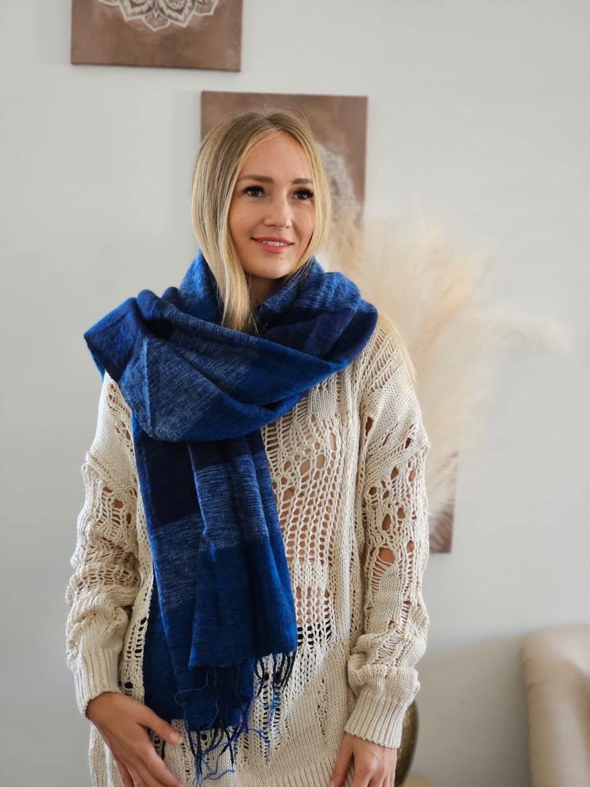 Extra Soft Yak Wool Scarf Himalayan Blue Navy ,Hand Loomed Shawl