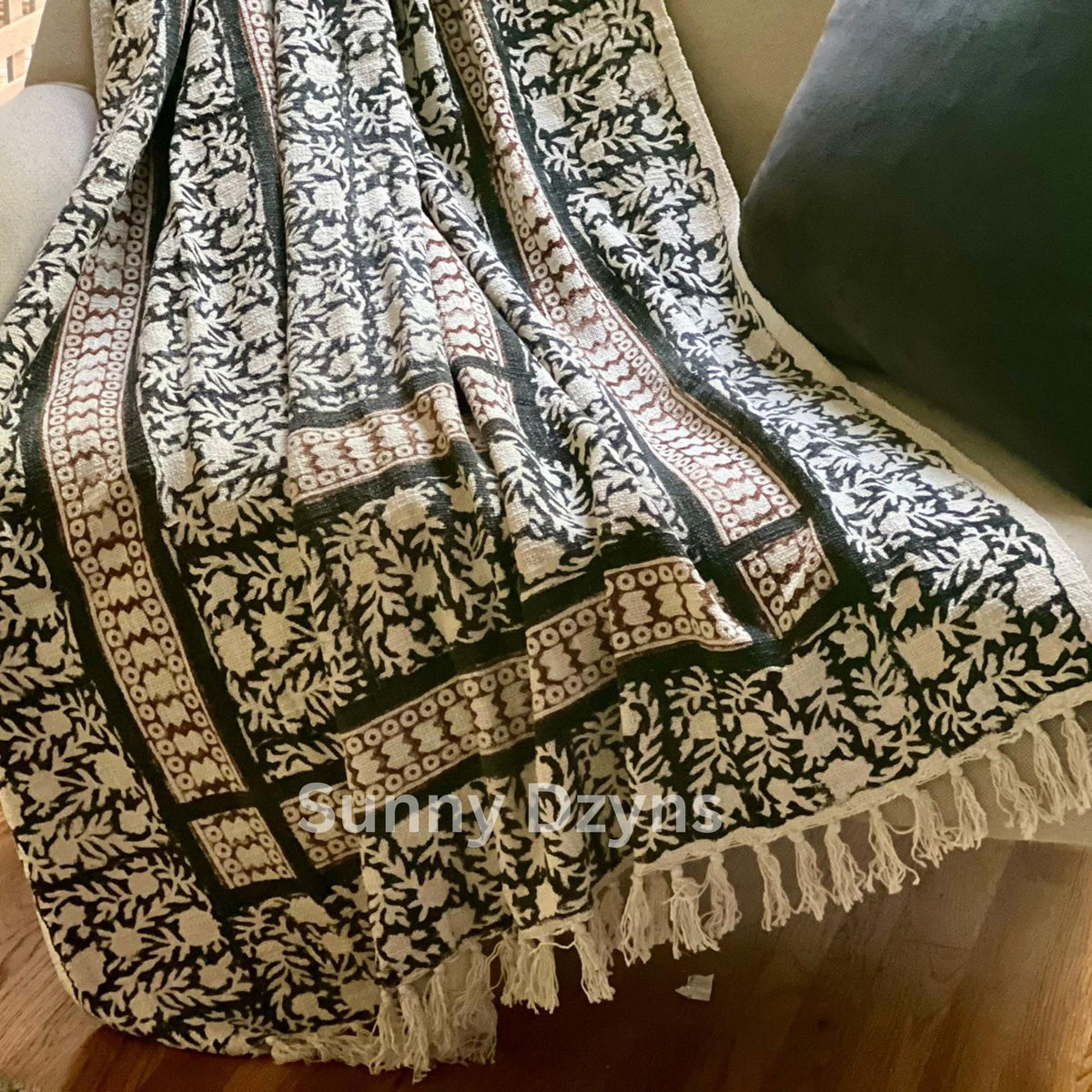 Hand Block Print Cotton Throw Blanket: Boho Floral Tassel Accent