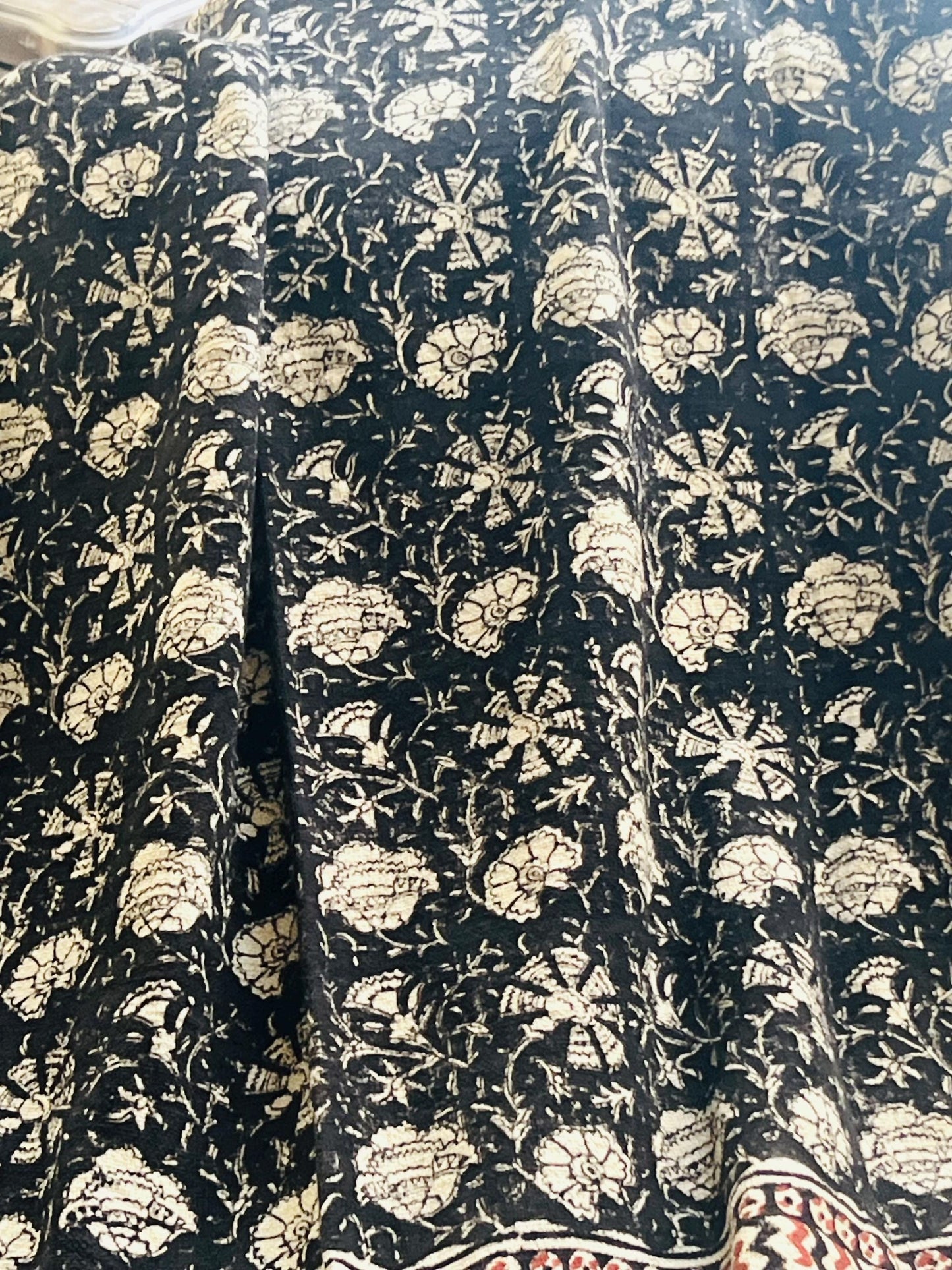 Handmade Block Print Cotton Throw Blanket: Black Floral Boho Decor