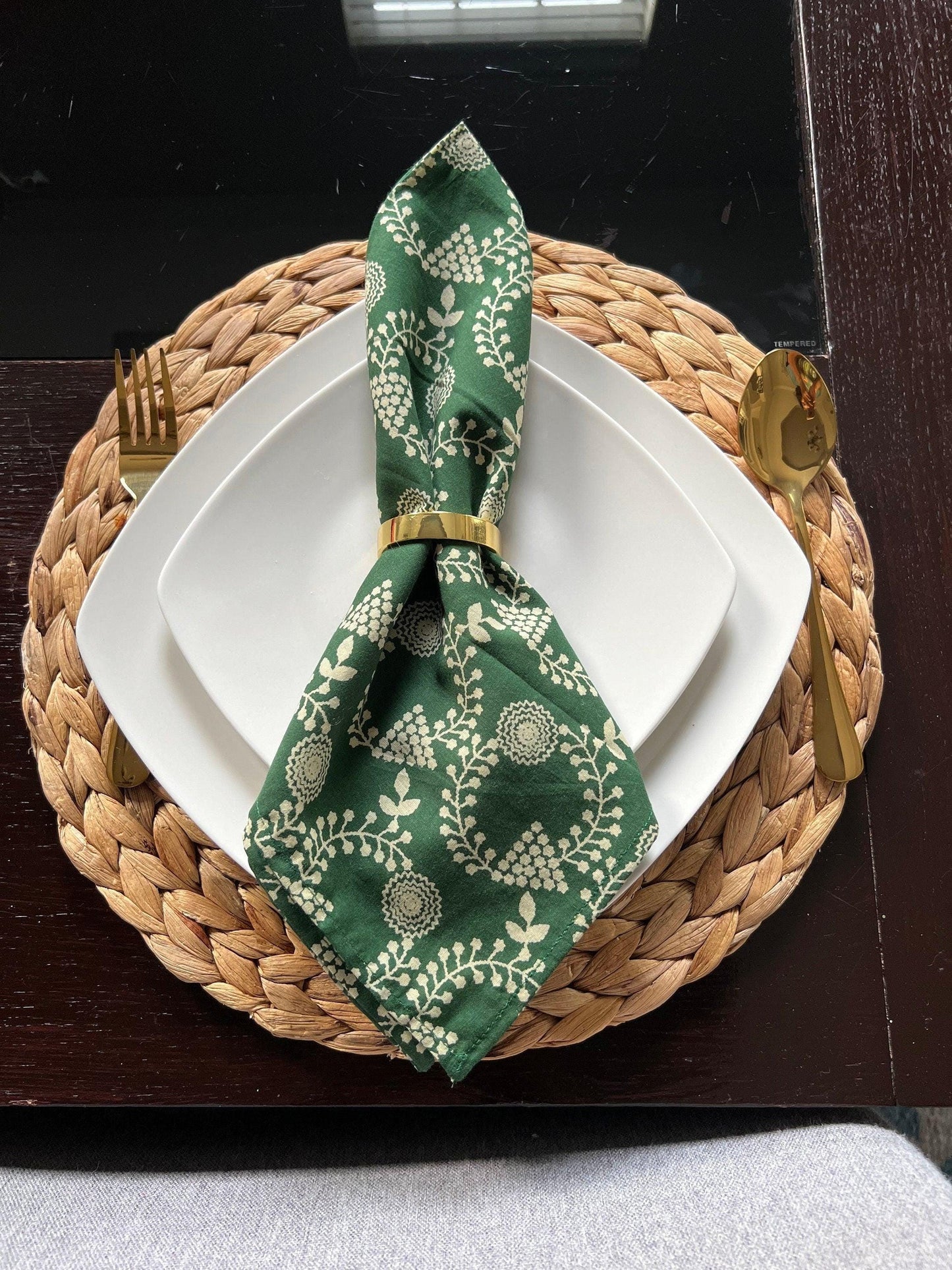 Green & Gold Cotton Wreath Napkins, Christmas Dinner Party (20x20")