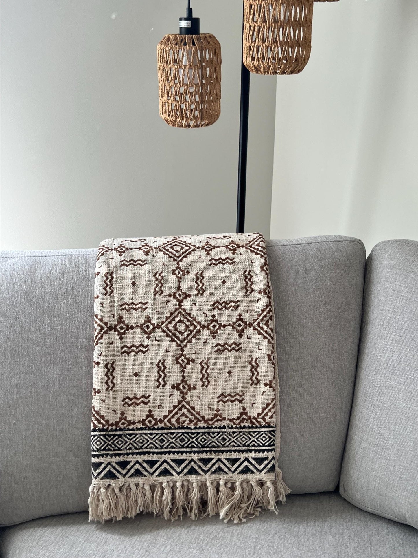 Hand Block Print Cotton Throw Blanket - Boho Floral Sofa Cover