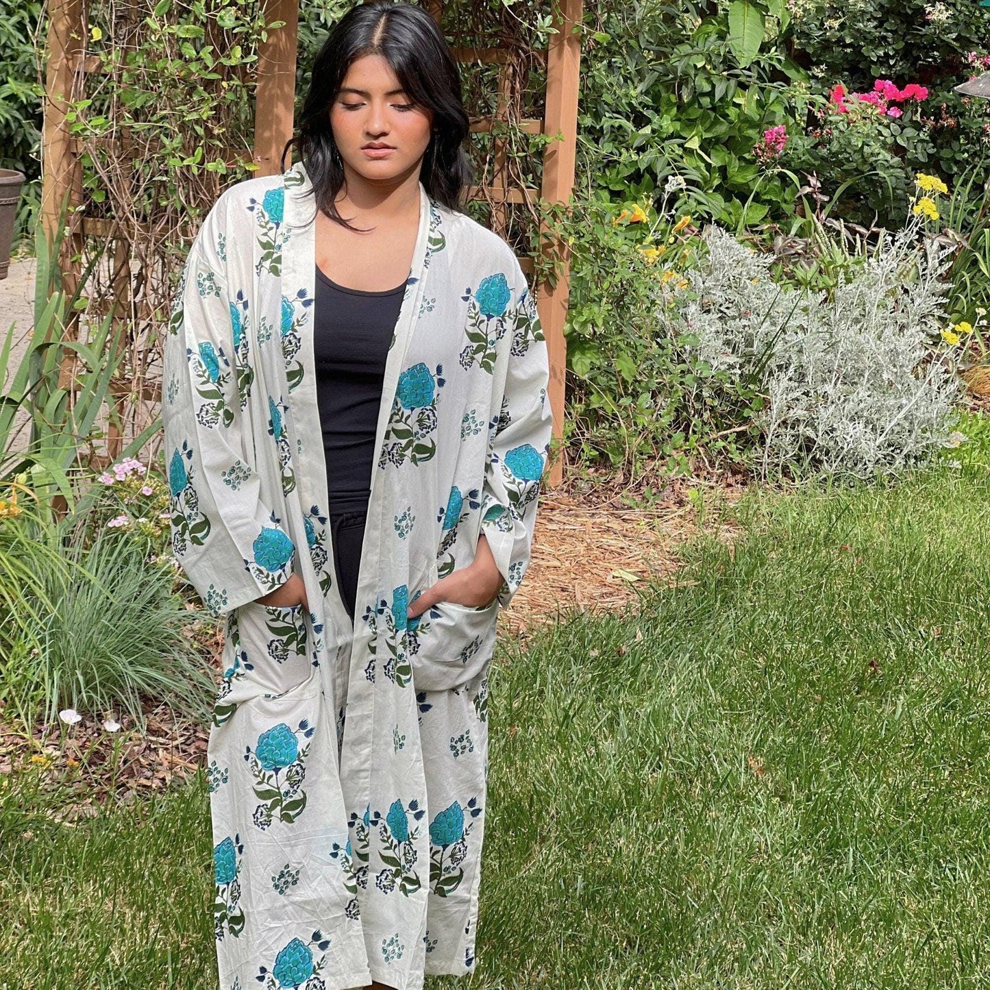 Cotton Kimono Robe: Floral Block Print Beach Cover-Up