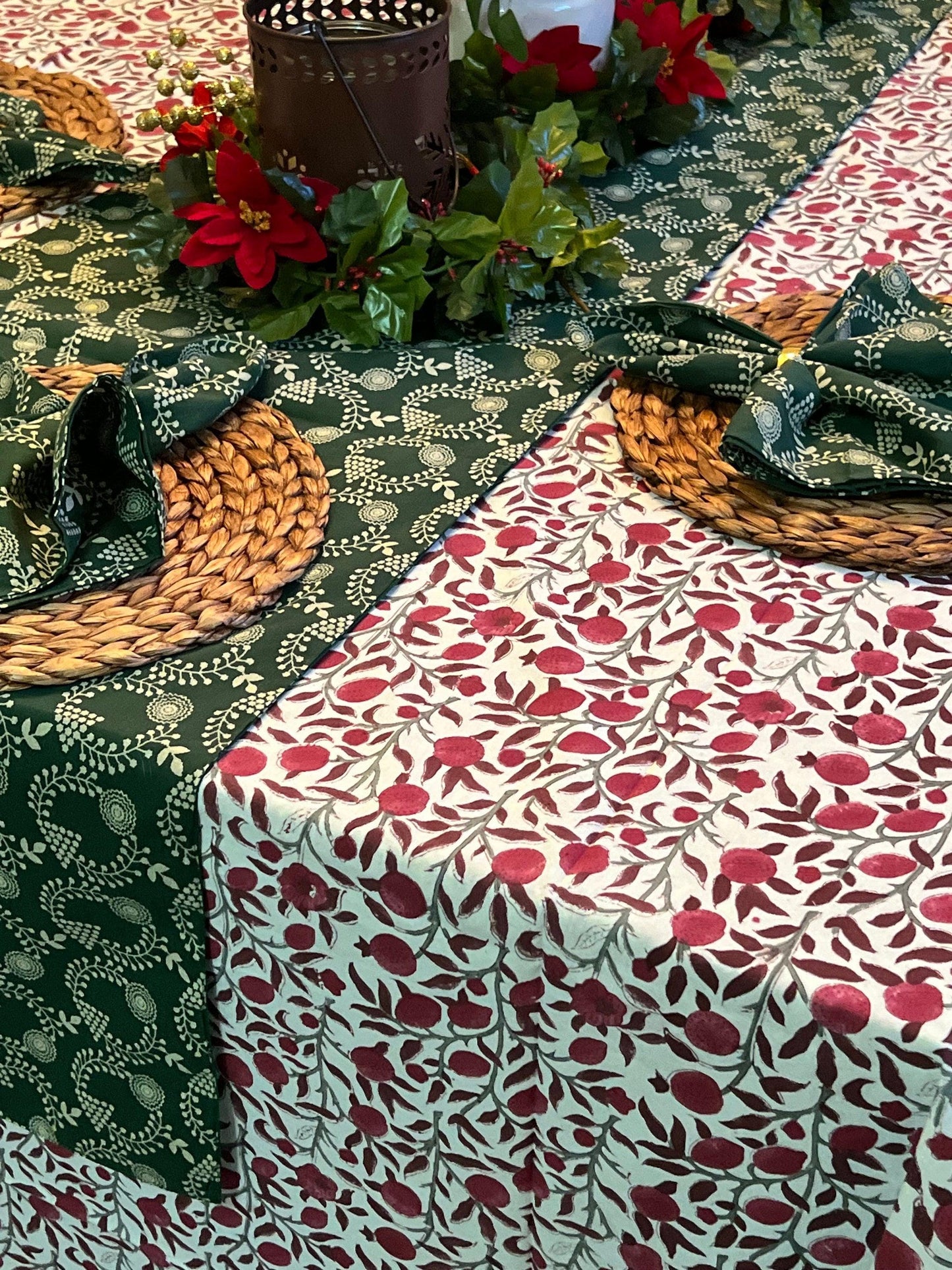 Red Floral Block Print Tablecloth: Cotton Dining Table Decor (60x108 inches)