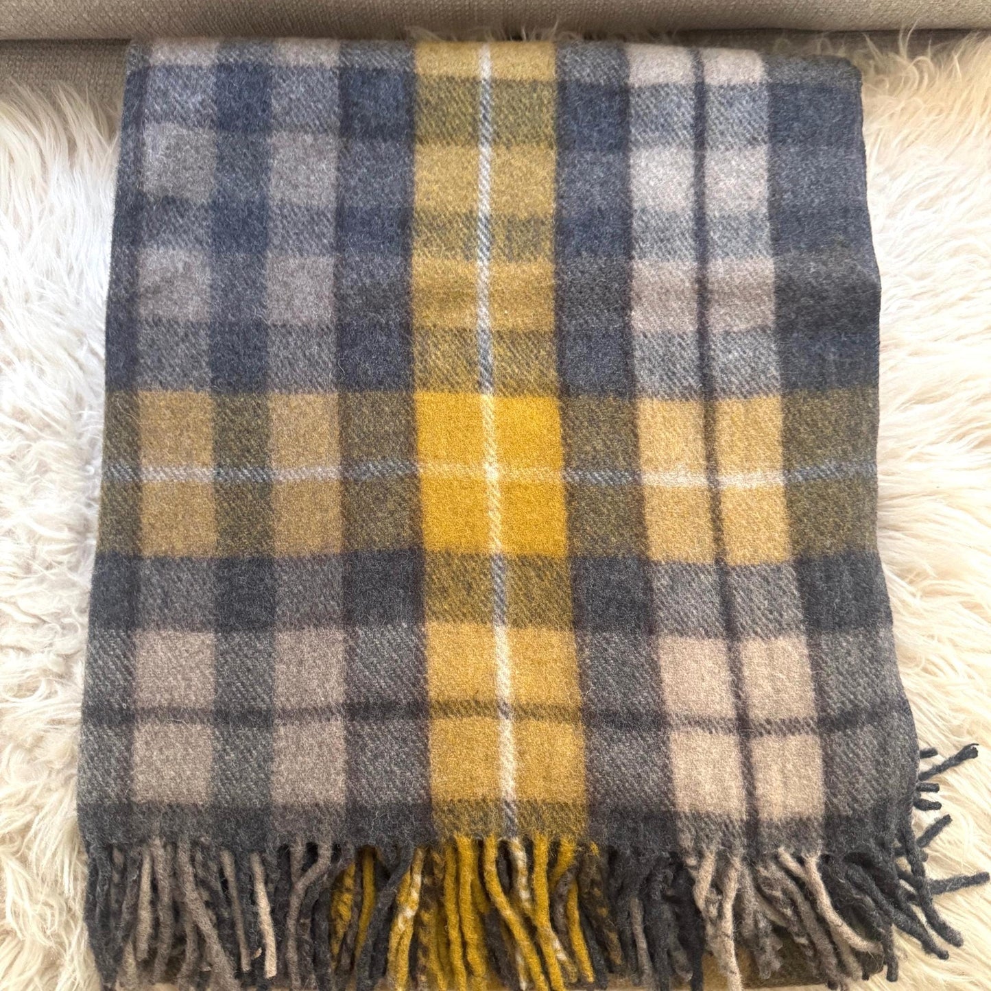 Tartan Plaid Recycled Wool Blanket with Fringe , Cozy Gift