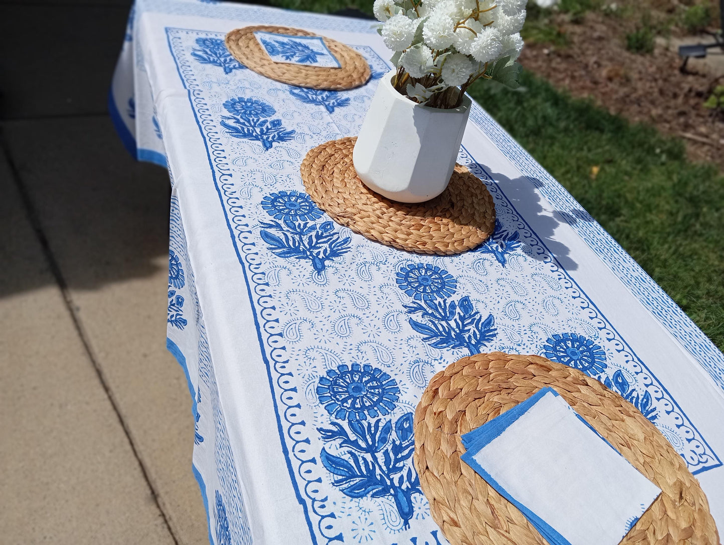 Blue Floral Indian Block Print Tablecloth: Cotton Rectangle Table Cover