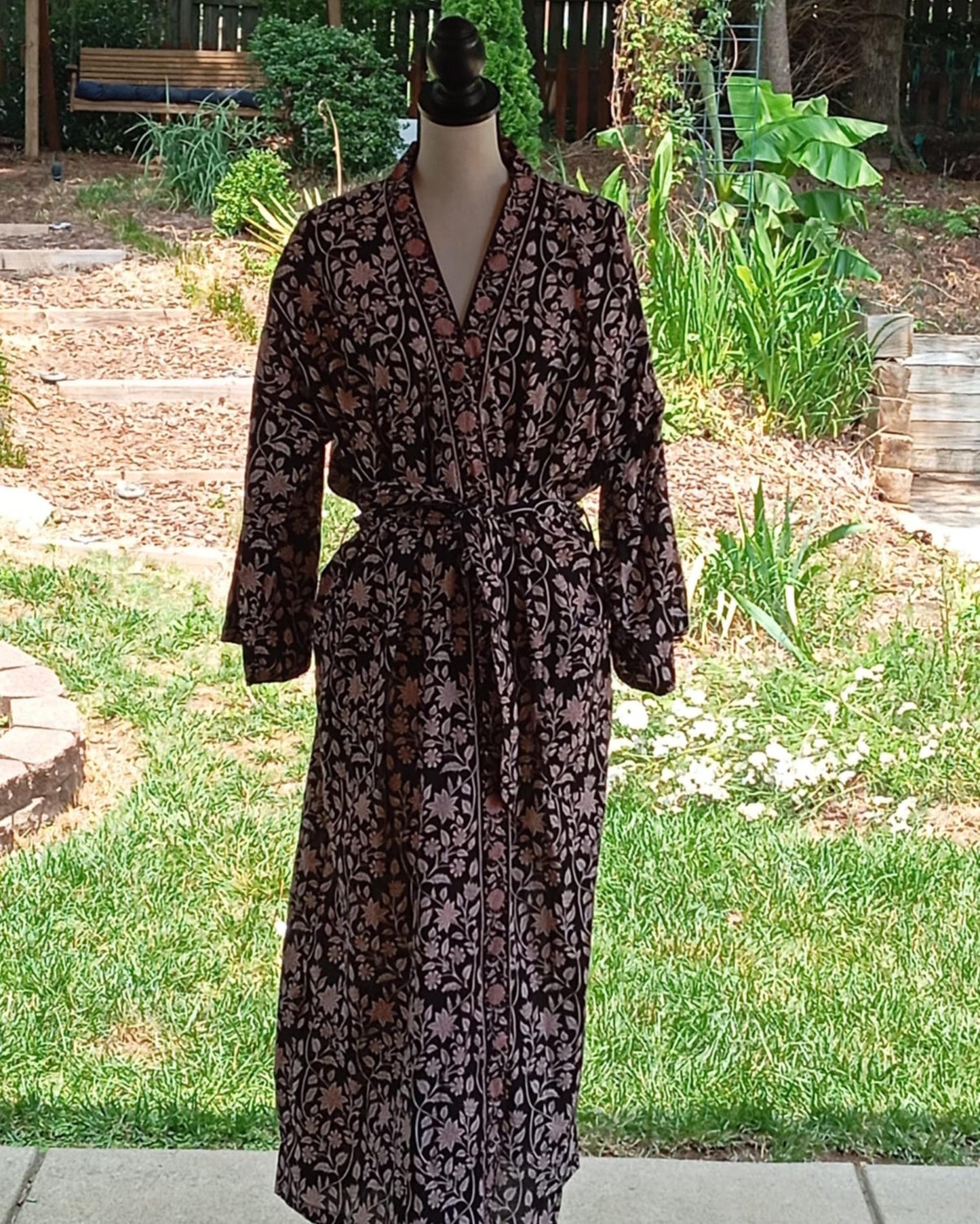 Black Cotton Block Print Kimono Robe, Floral Ankle Length Dressing Gown