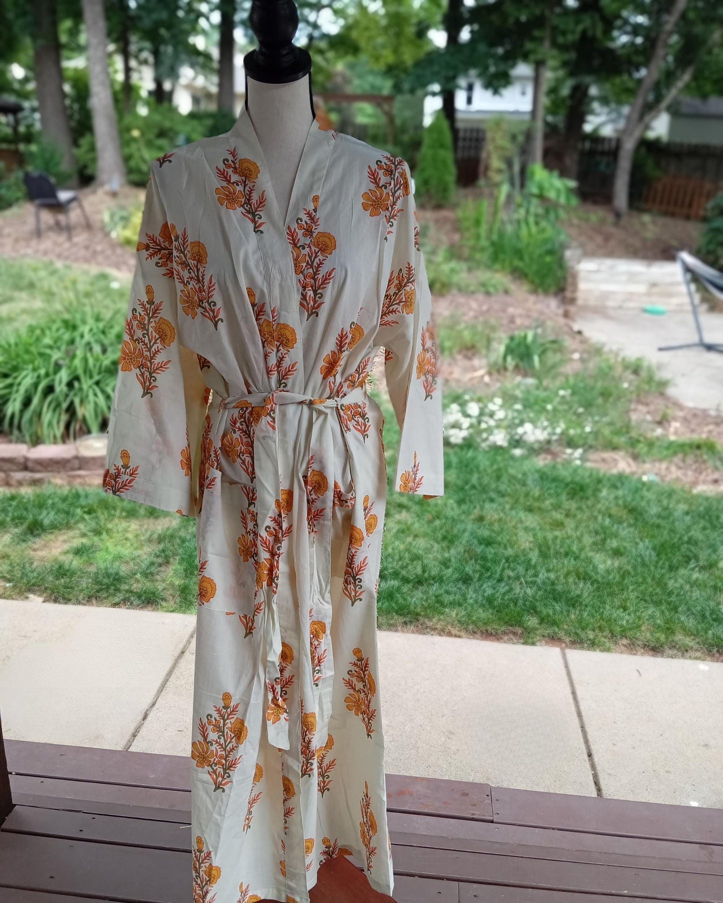 Yellow Cotton Floral Robe, Hand Block Floral Cotton Kimono Robe: Lightweight Block Print Dressing Gown