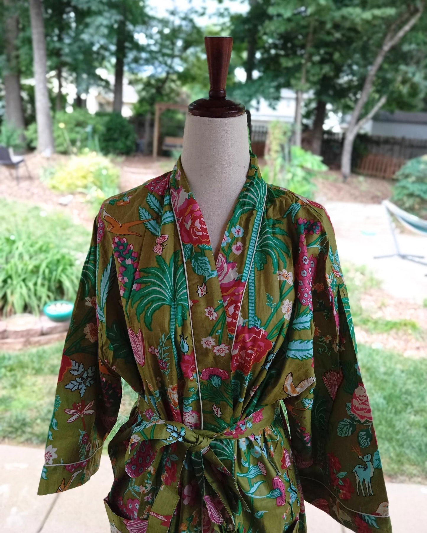 Block Print Cotton Kimono Robe: Indian Floral Dressing Gown