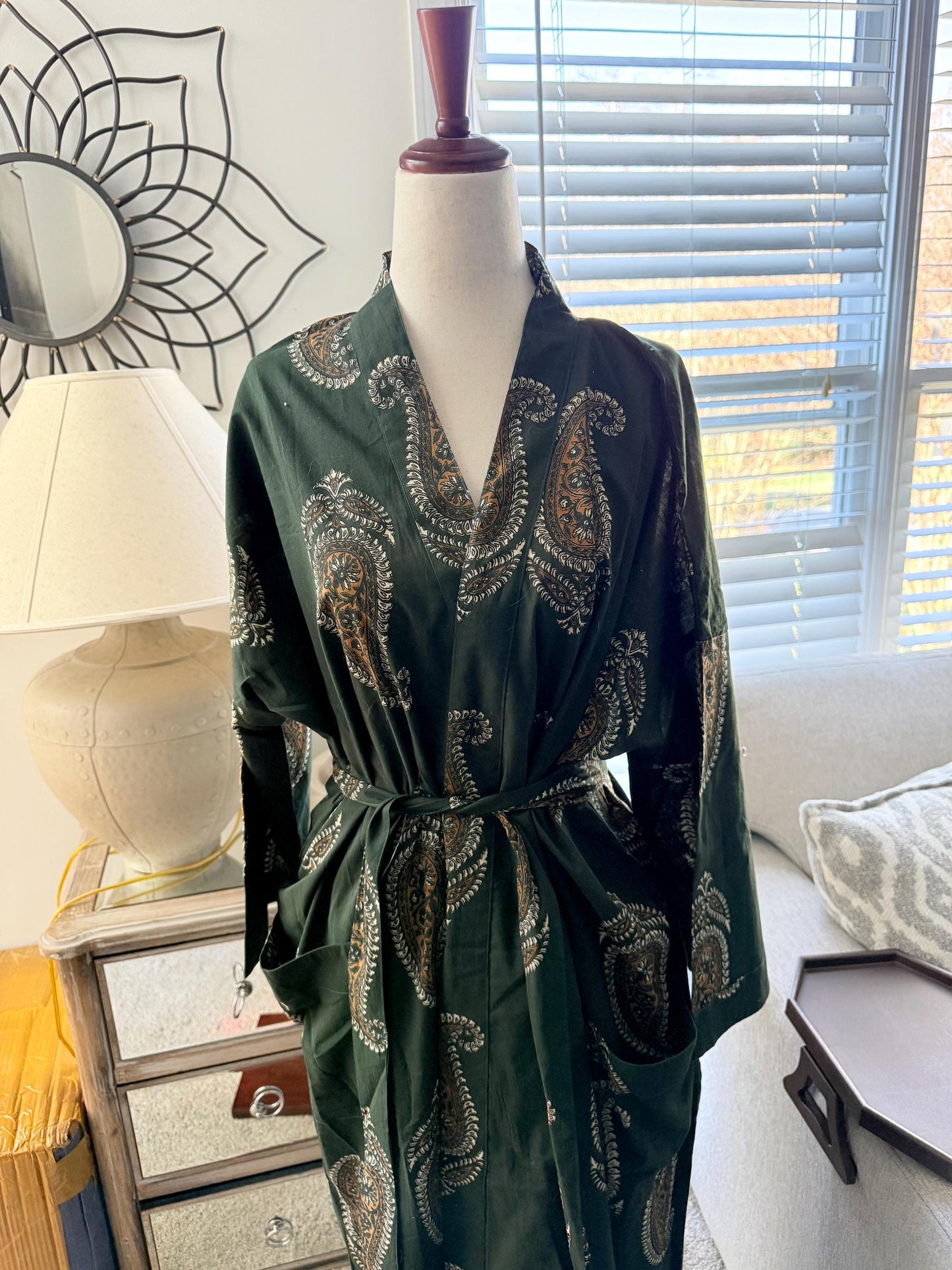 Christmas Gift Green Cotton Kimono Robe, Boho block print, Cozy House Robe, Loungewear, Sleepwear Holiday Gift for her