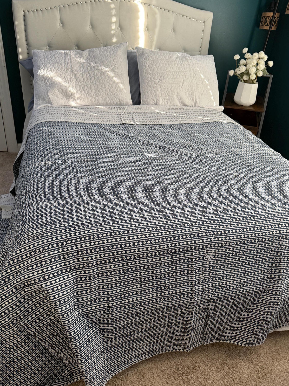Cotton Kantha Quilt, Hand Block Print King Size Bedspread