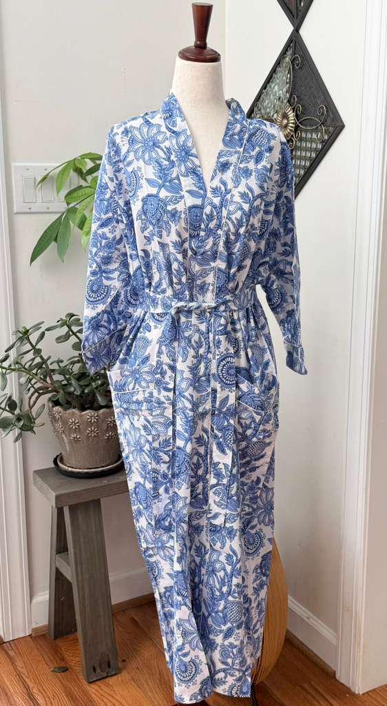 Blue Floral Cotton Kimono Robe, Lightweight Block Print Bathrobe, Boho Bridal Loungewear