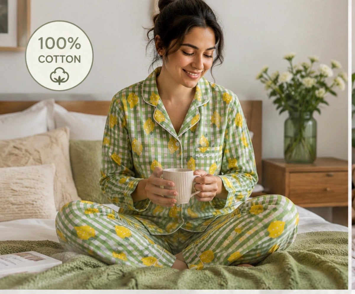 Lime Green Floral Loungewear, Block Print Cotton Pj Set,