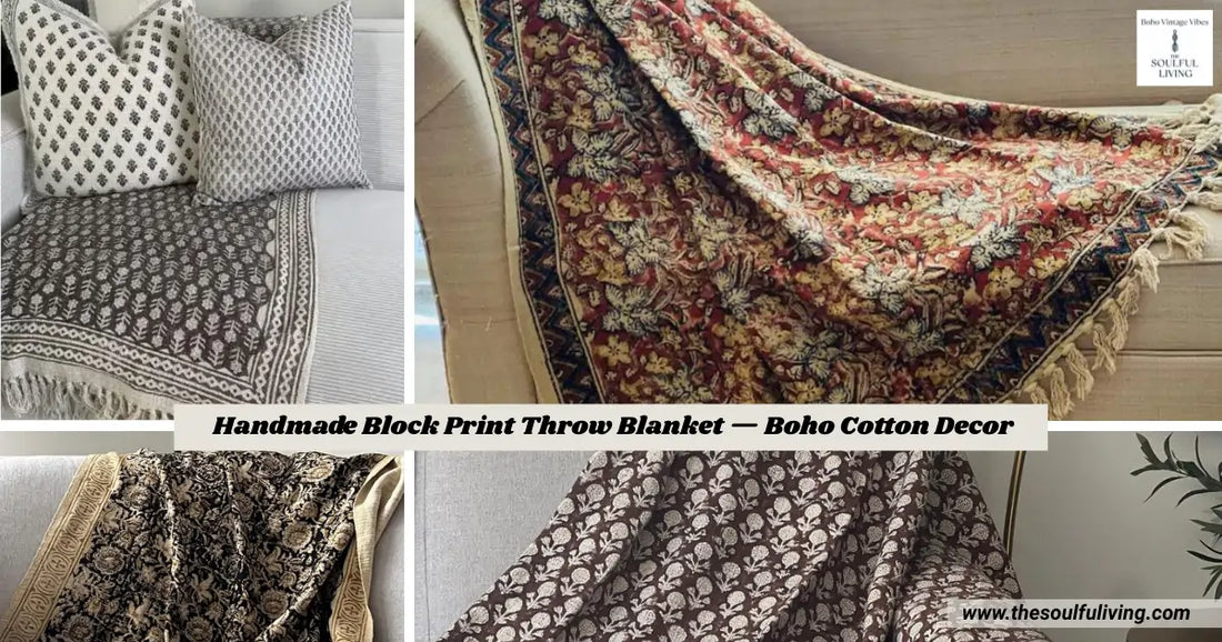 Handmade Block Print Throw Blanket — Boho Cotton Decor