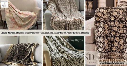 Boho Throw Blanket with Tassels – Handmade Hand Block Print Cotton Blanket