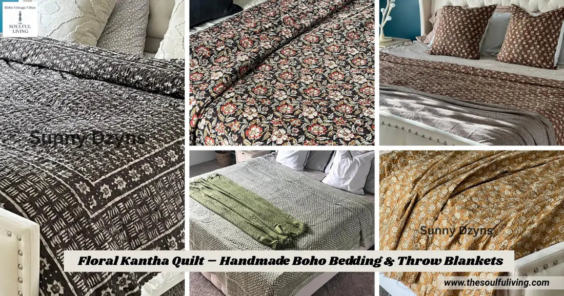Floral Kantha Quilt – Handmade Boho Bedding & Throw Blankets