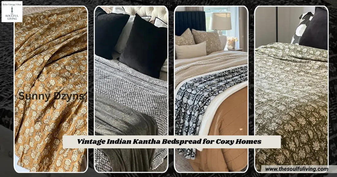 Vintage Indian Kantha Bedspread for Cozy Homes