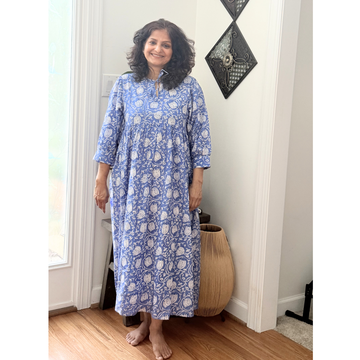 Blue Floral Block Print Cotton Midi Dress - Boho Summer Dress