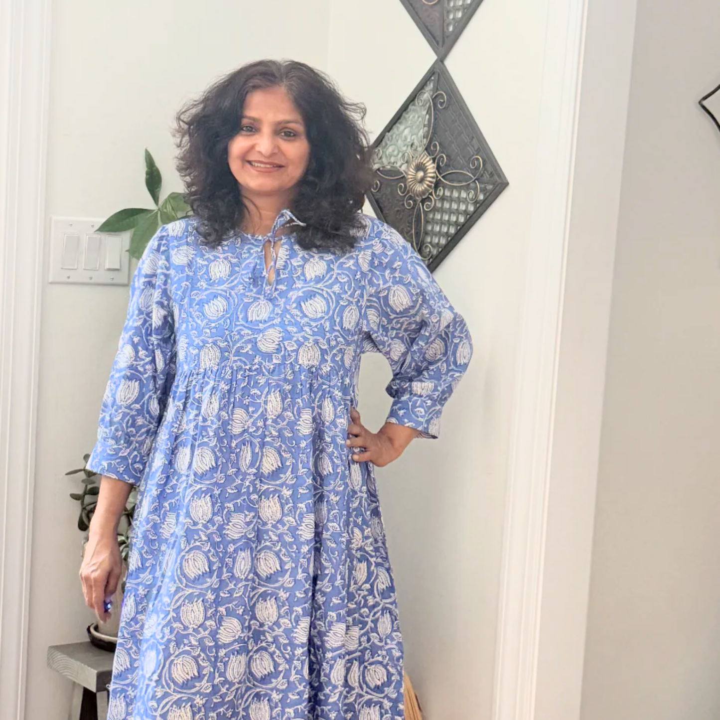 Blue Floral Block Print Cotton Midi Dress - Boho Summer Dress